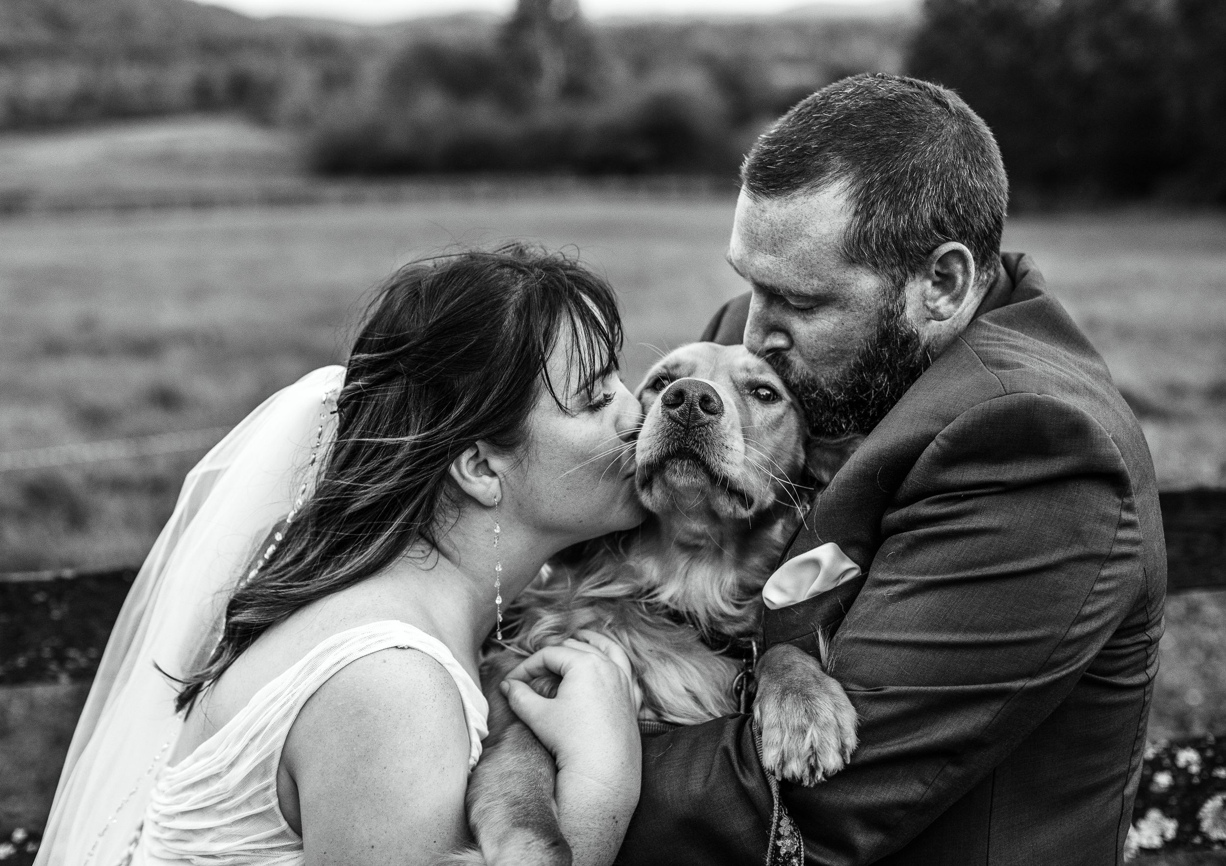 A romantic black and white photo series of a couple with their dog in a field.