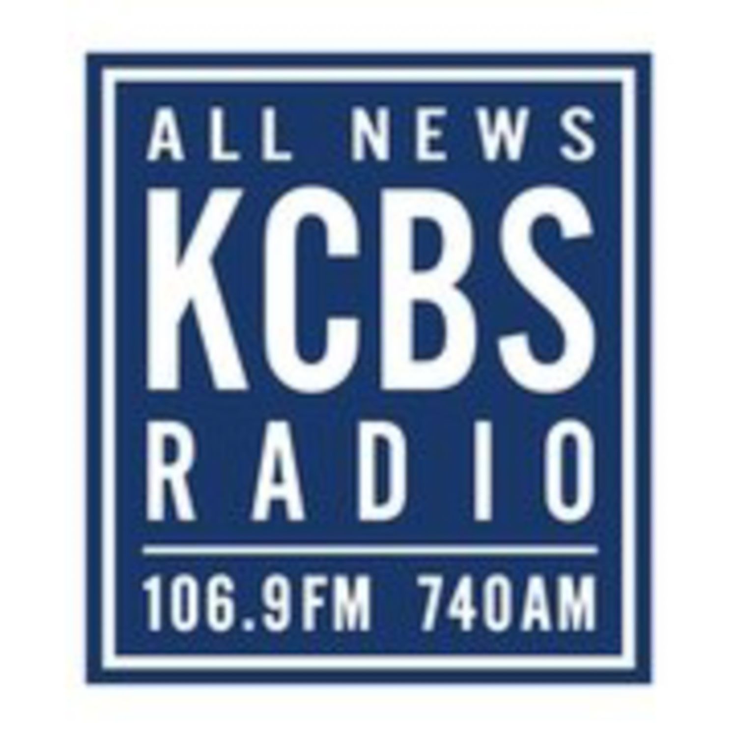 Logo for KCBS All News Radio broadcasting at 106.9 FM and 740 AM in white and blue design.