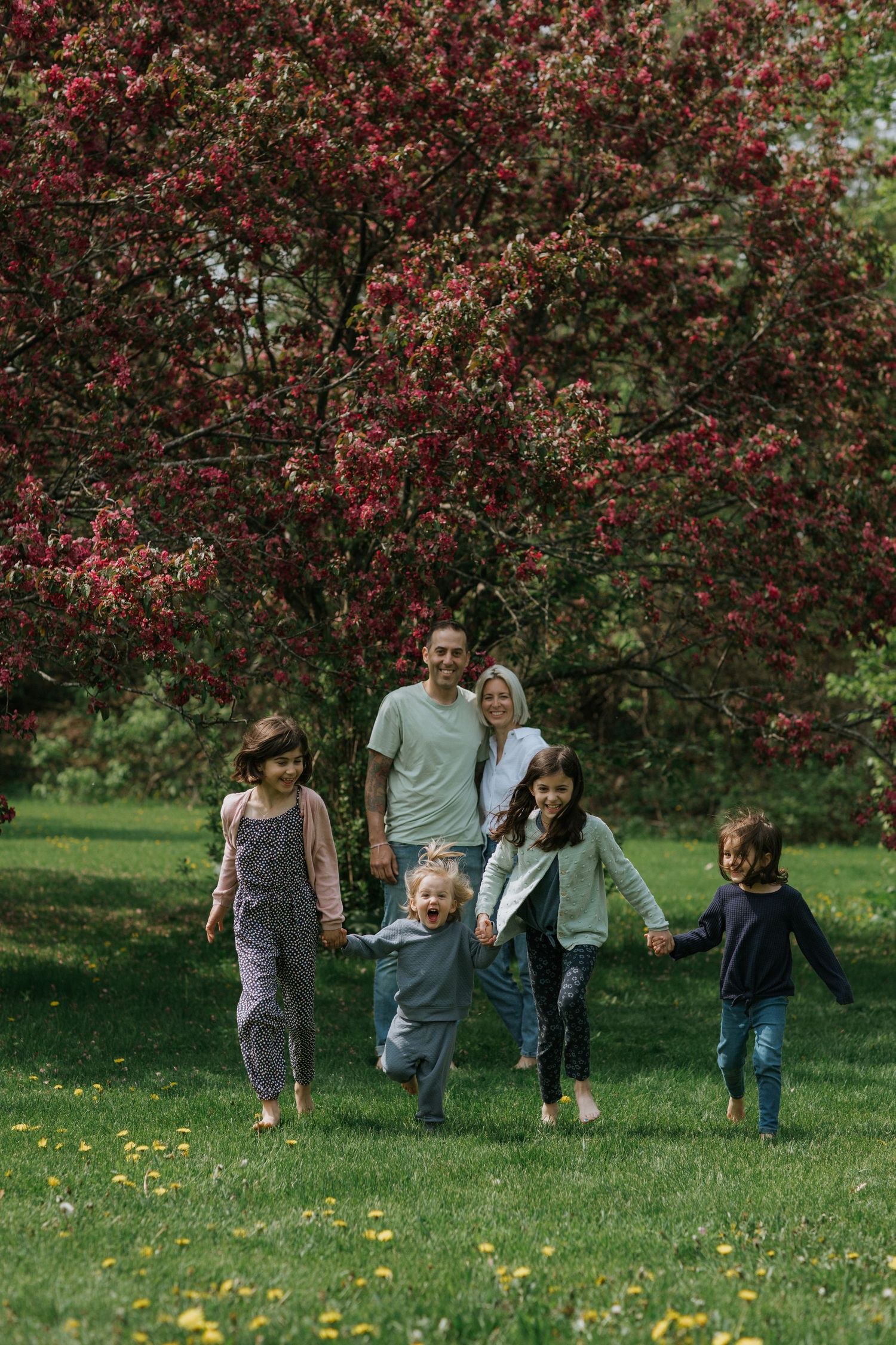 Joyful family playing together under a blooming pink crabapple tree on a lush green lawn.