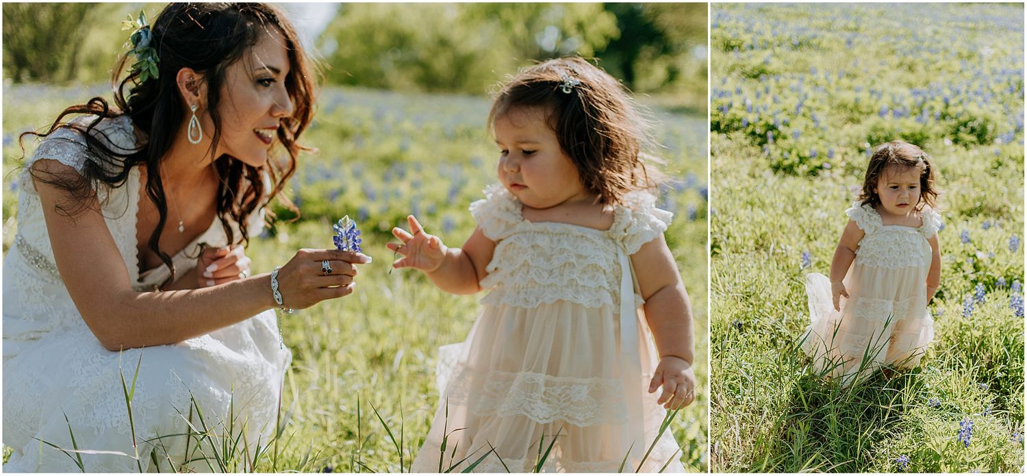 Sweet moments shared in blooming wildflower field during spring wedding.