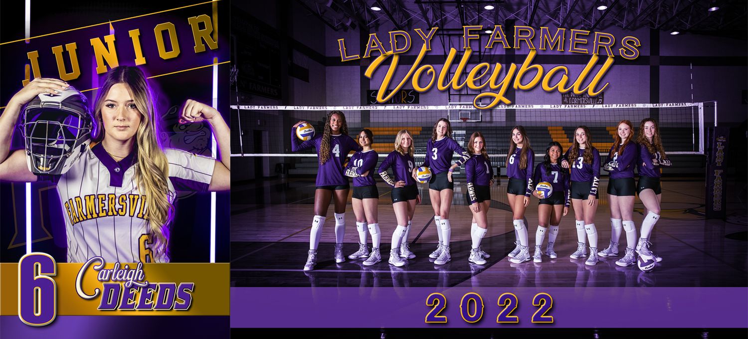 Volleyball team members lined up on court with purple uniforms and championship banner.
