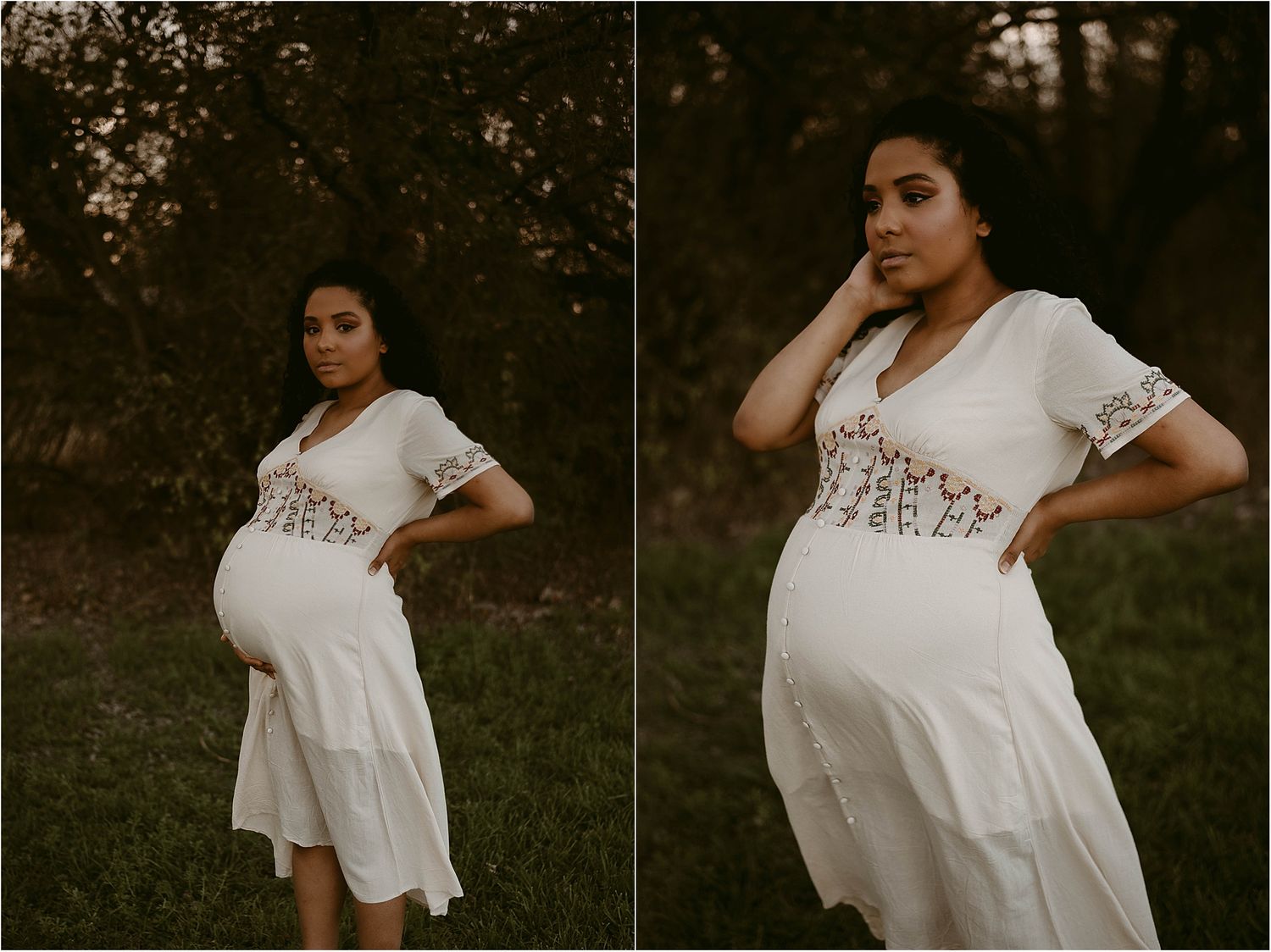 A maternity photo session in a white embroidered dress at sunset showing two poses in a natural outdoor setting.