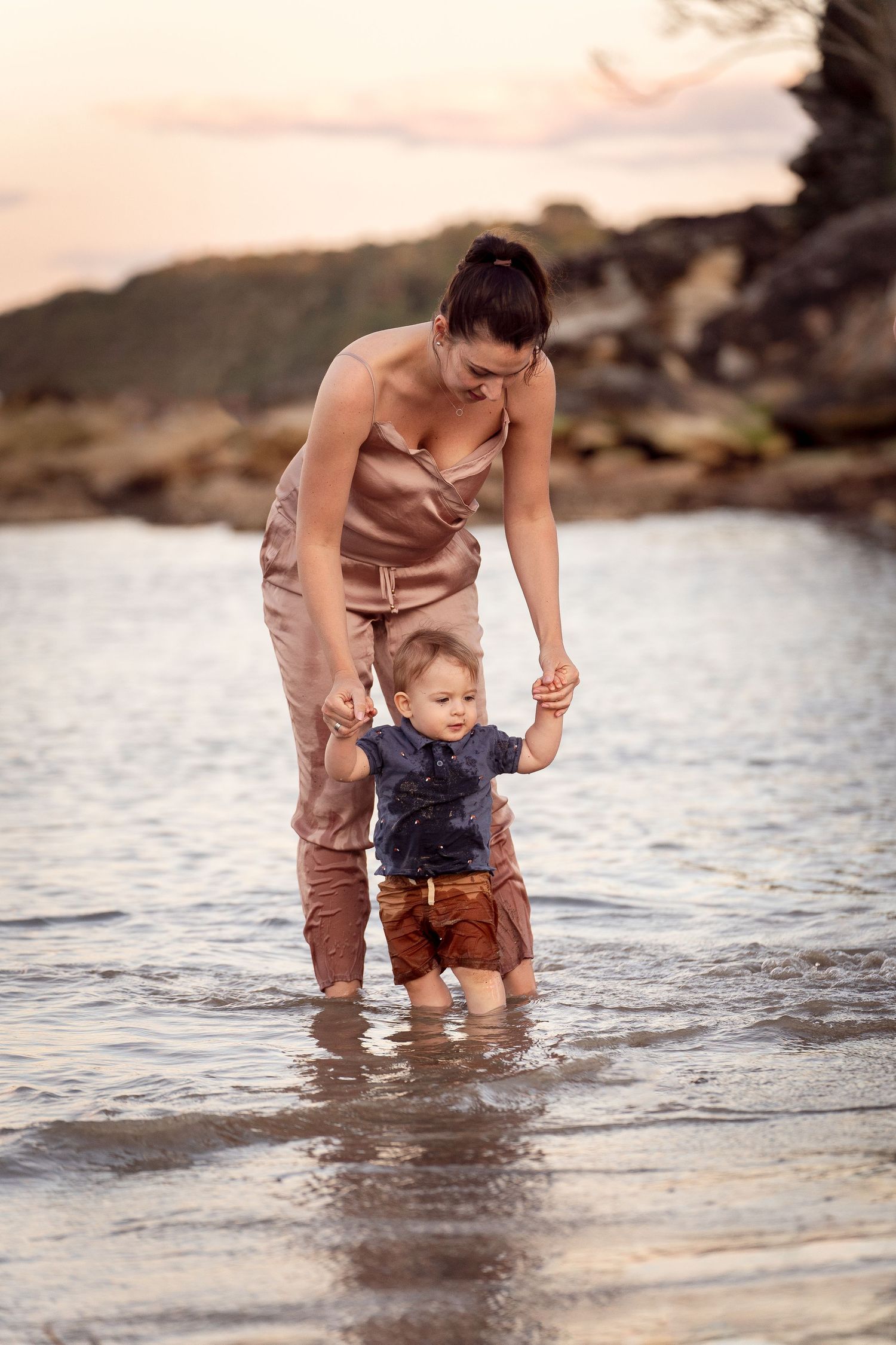 Sunset at Balmoral Beach during a family photoshoot with mom and son
