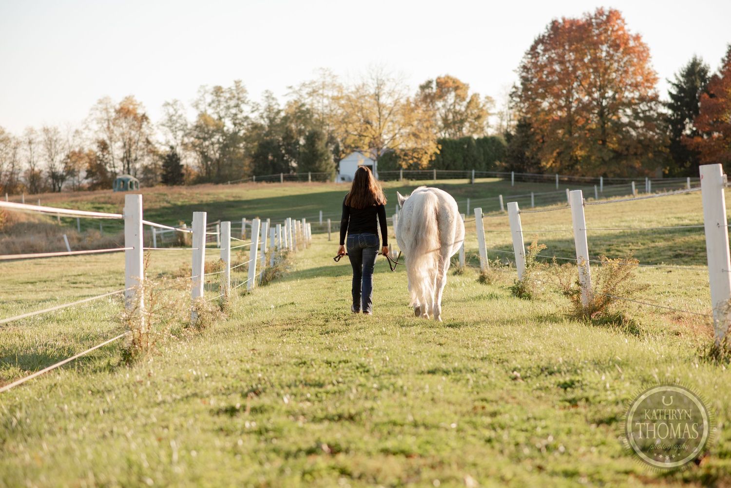 Person walking with white horse on grassy path away from camera.