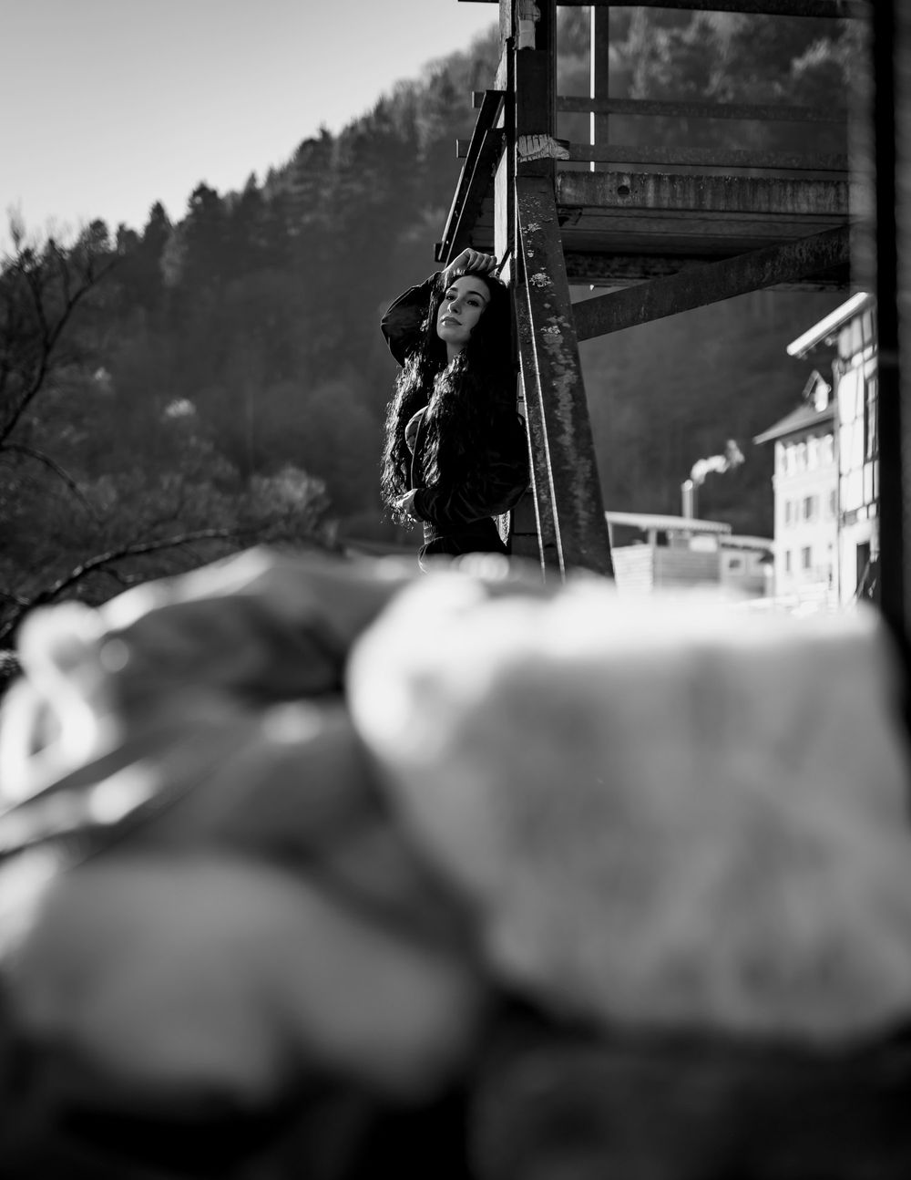 Artistic black and white composition with architectural elements and mountain backdrop.