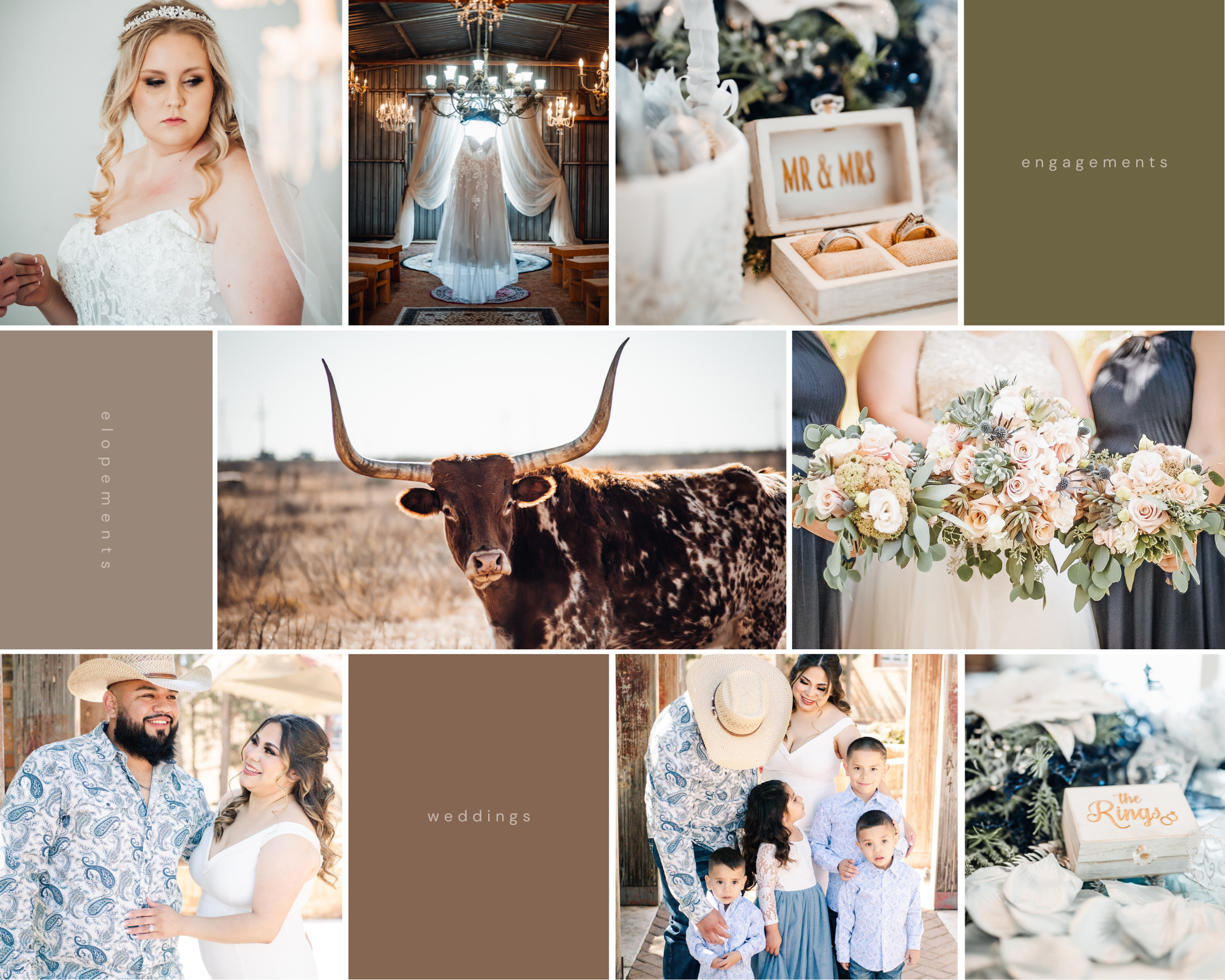 Wedding and western themed mood board featuring longhorn, floral arrangements, and couples.