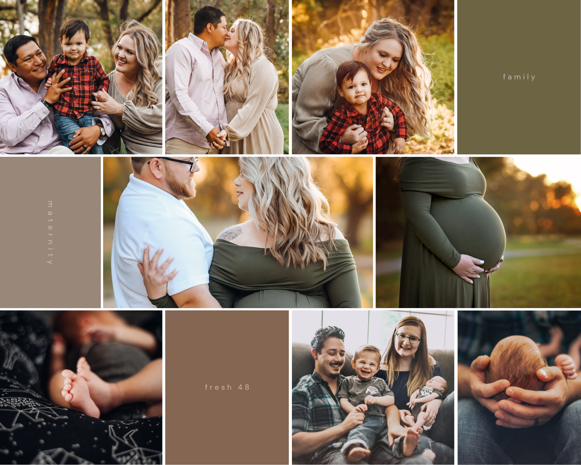 Family photography collage featuring maternity, couples, and newborn moments in earth tones.
