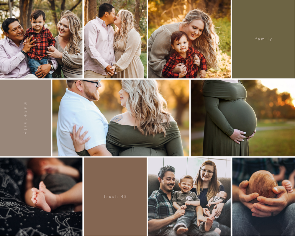 Family photography collage featuring maternity, couples, and newborn moments in earth tones.