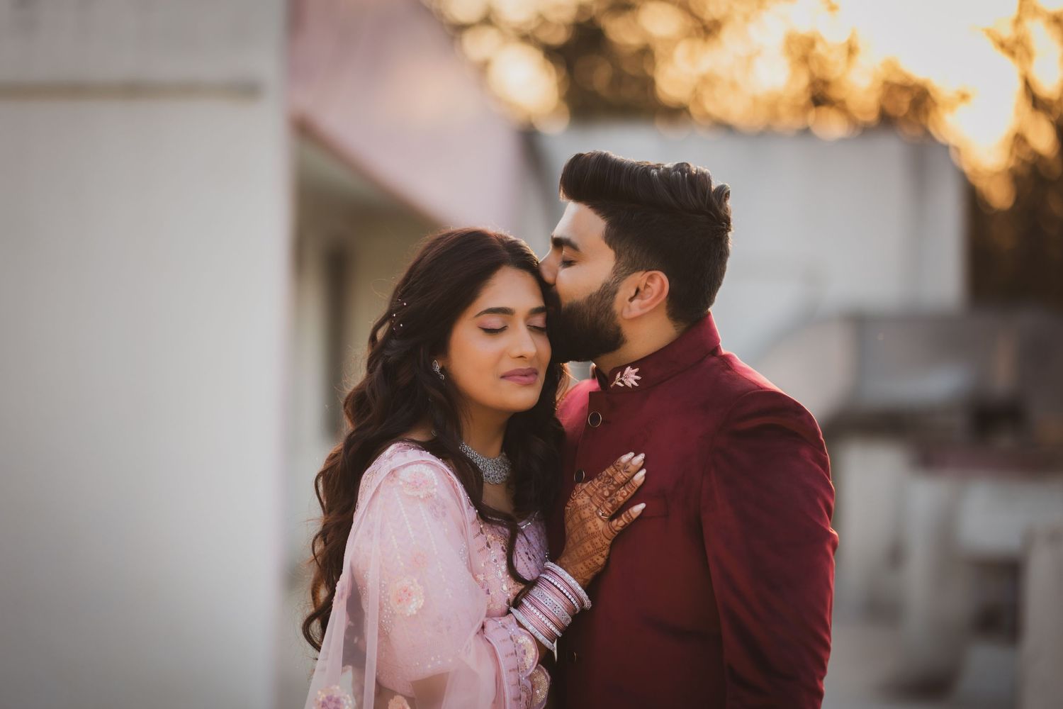 A bride and groom at golden hour