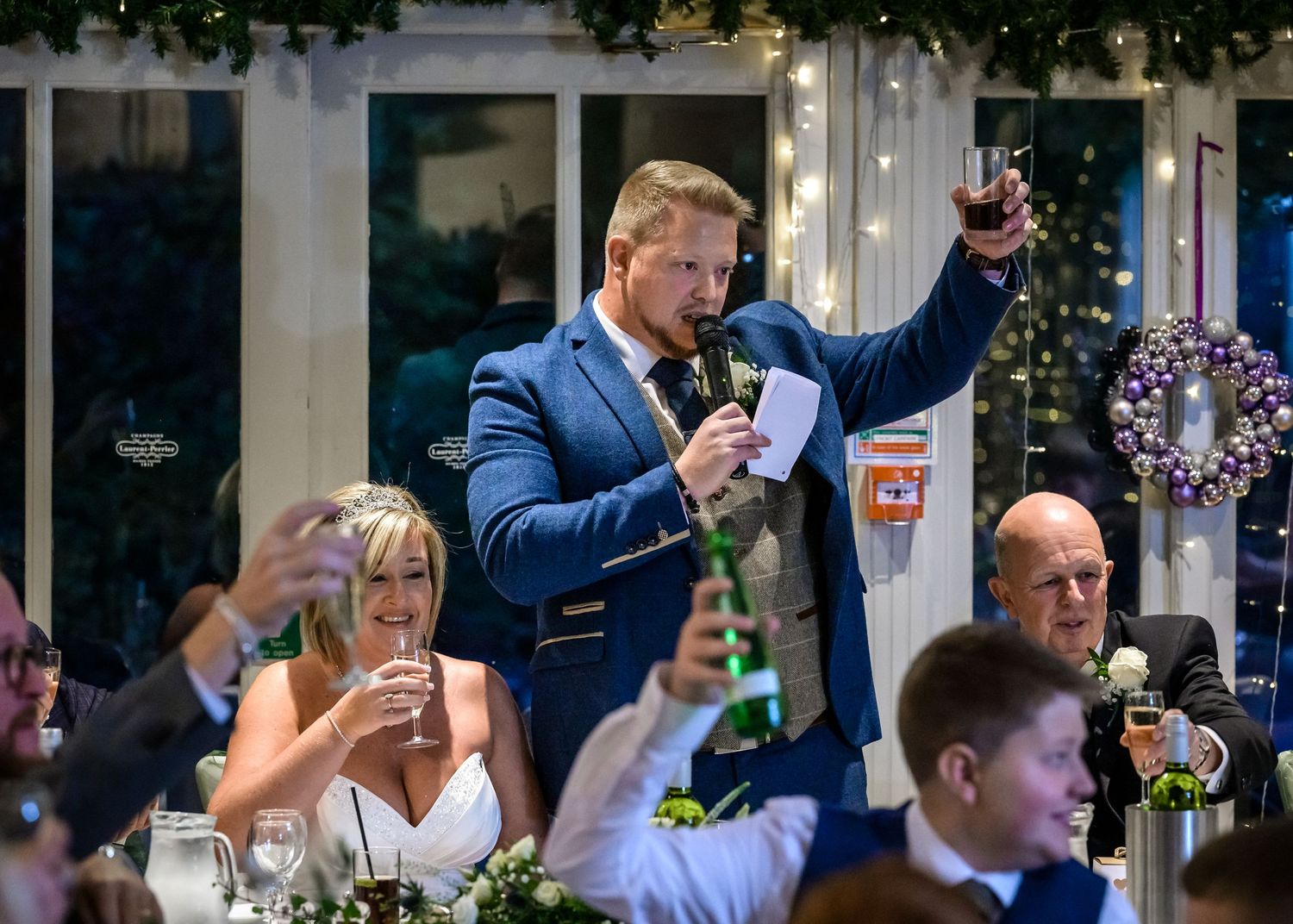 Groom raising glass to guests at Broadoaks Country House wedding