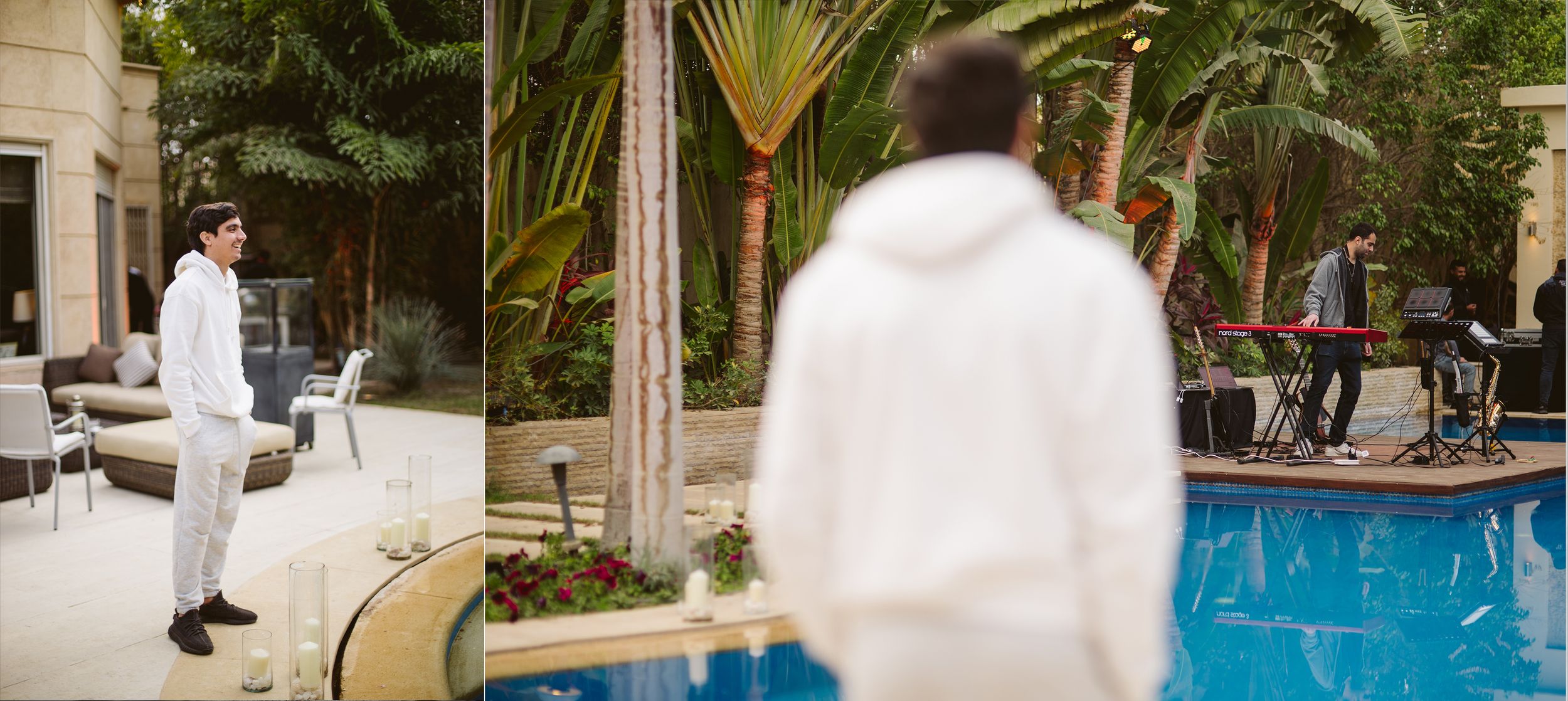 Outdoor poolside scene with palm trees and white-clothed figures.