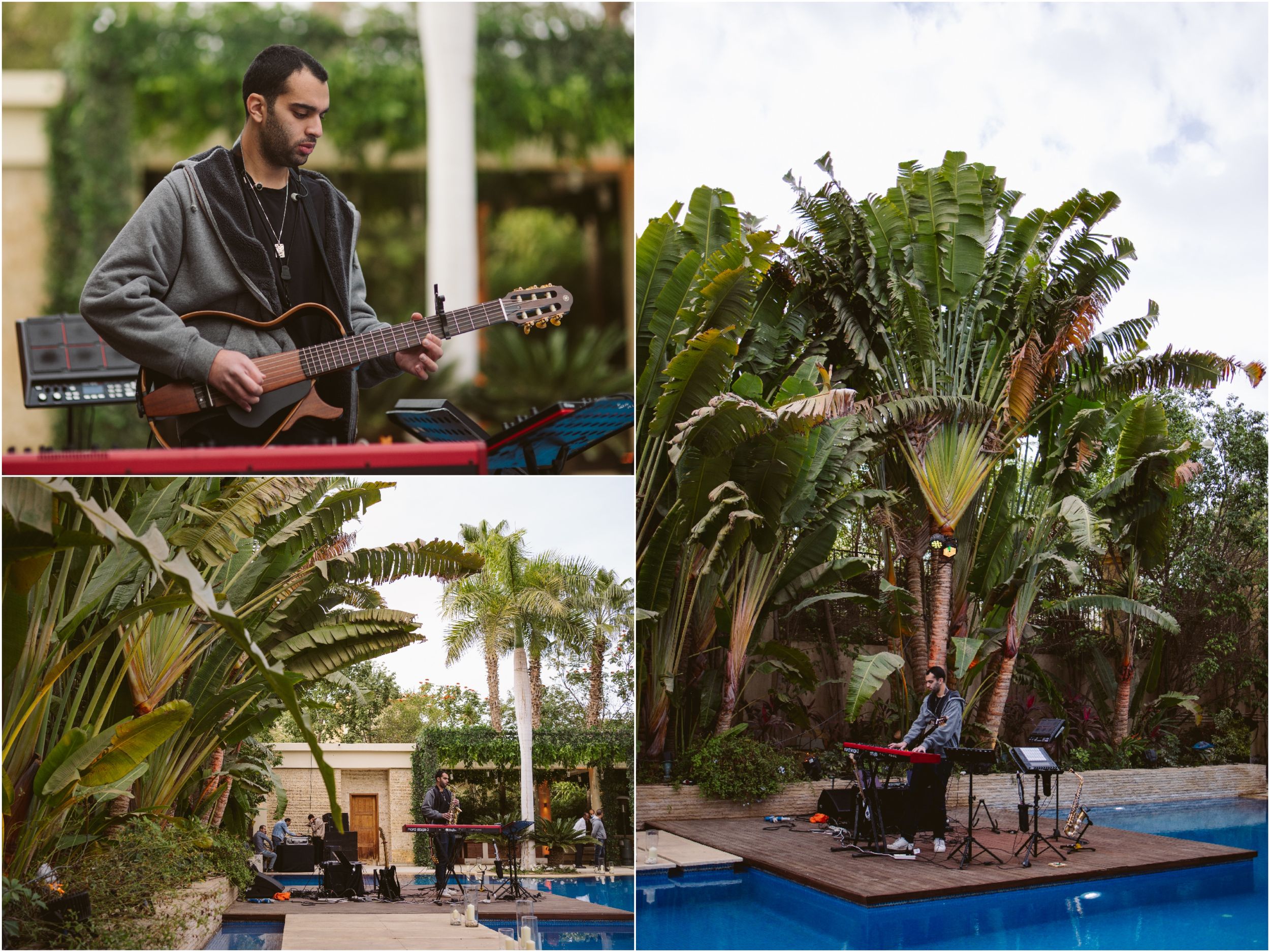 Poolside wedding entertainment with musician and tropical landscaping.