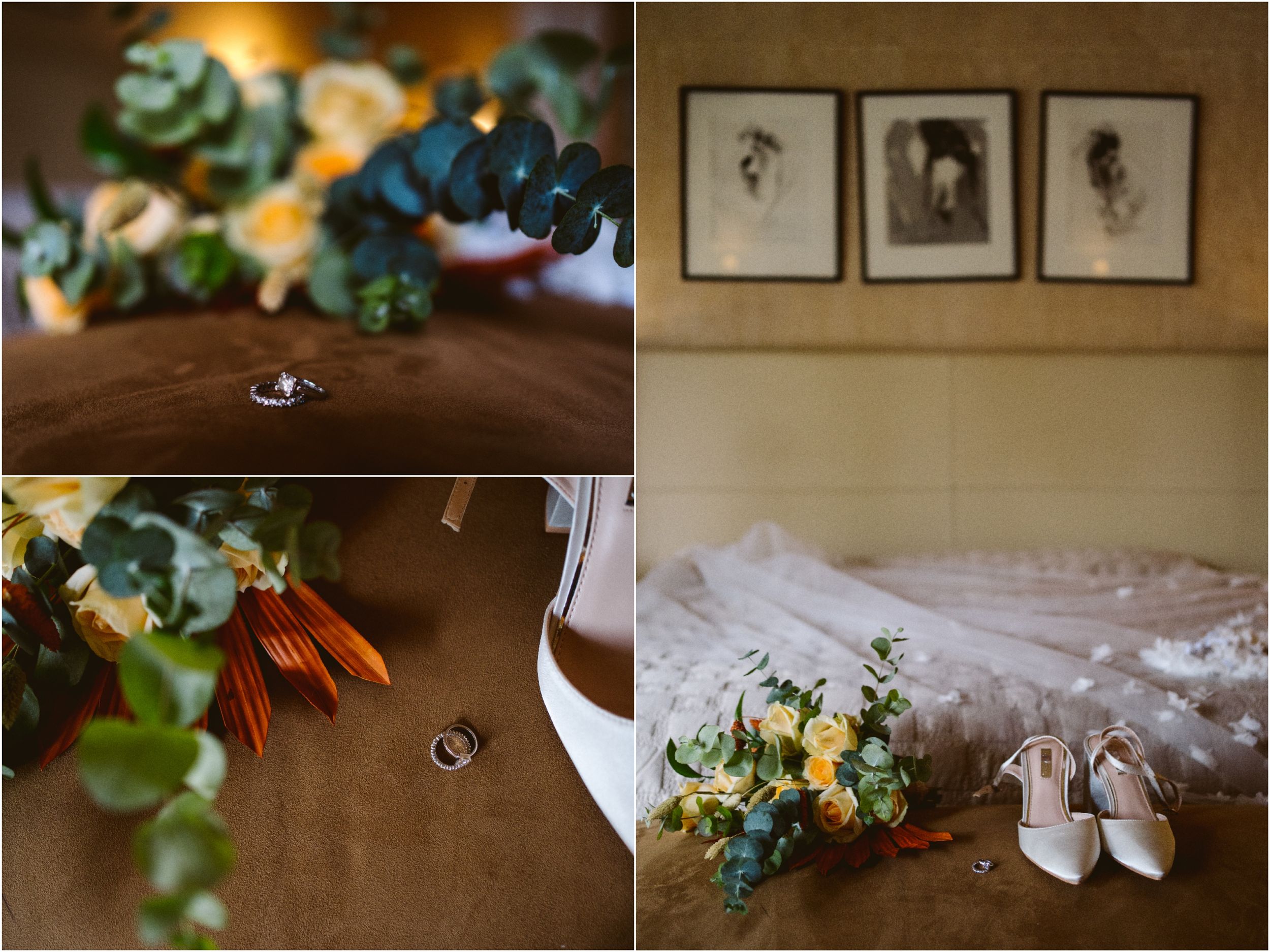 Wedding detail shots of rings, flowers, and bridal shoes arranged artistically.