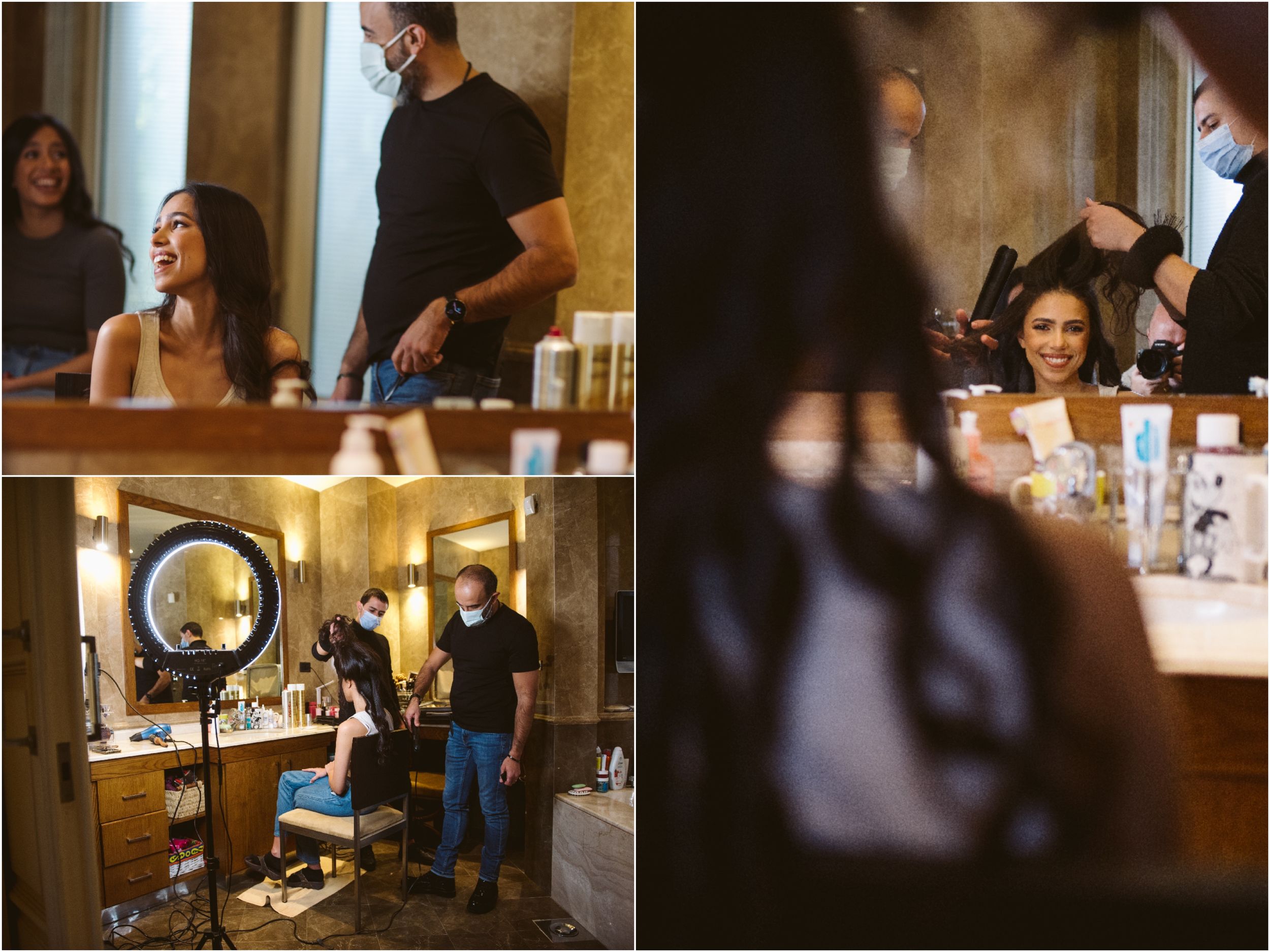 Behind the scenes shots of wedding preparations in an elegant dressing room with makeup and styling.