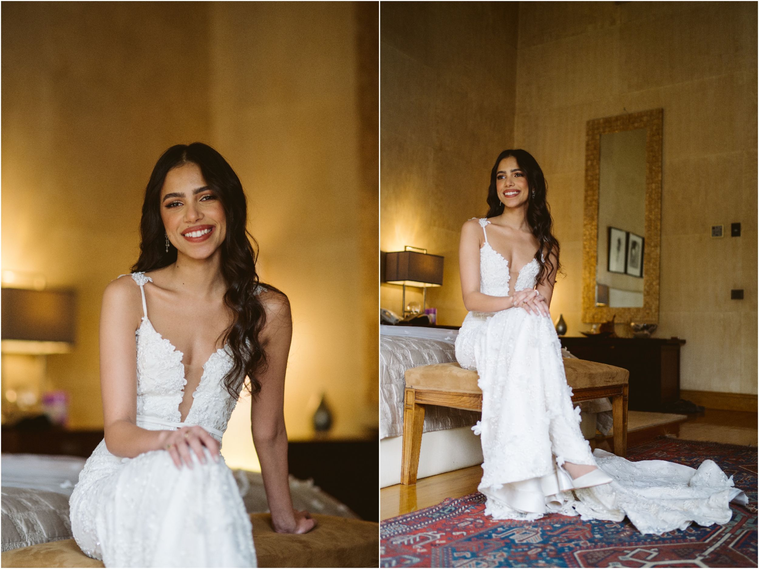 Two-panel portrait of bride in flowing white dress sitting in elegant room.