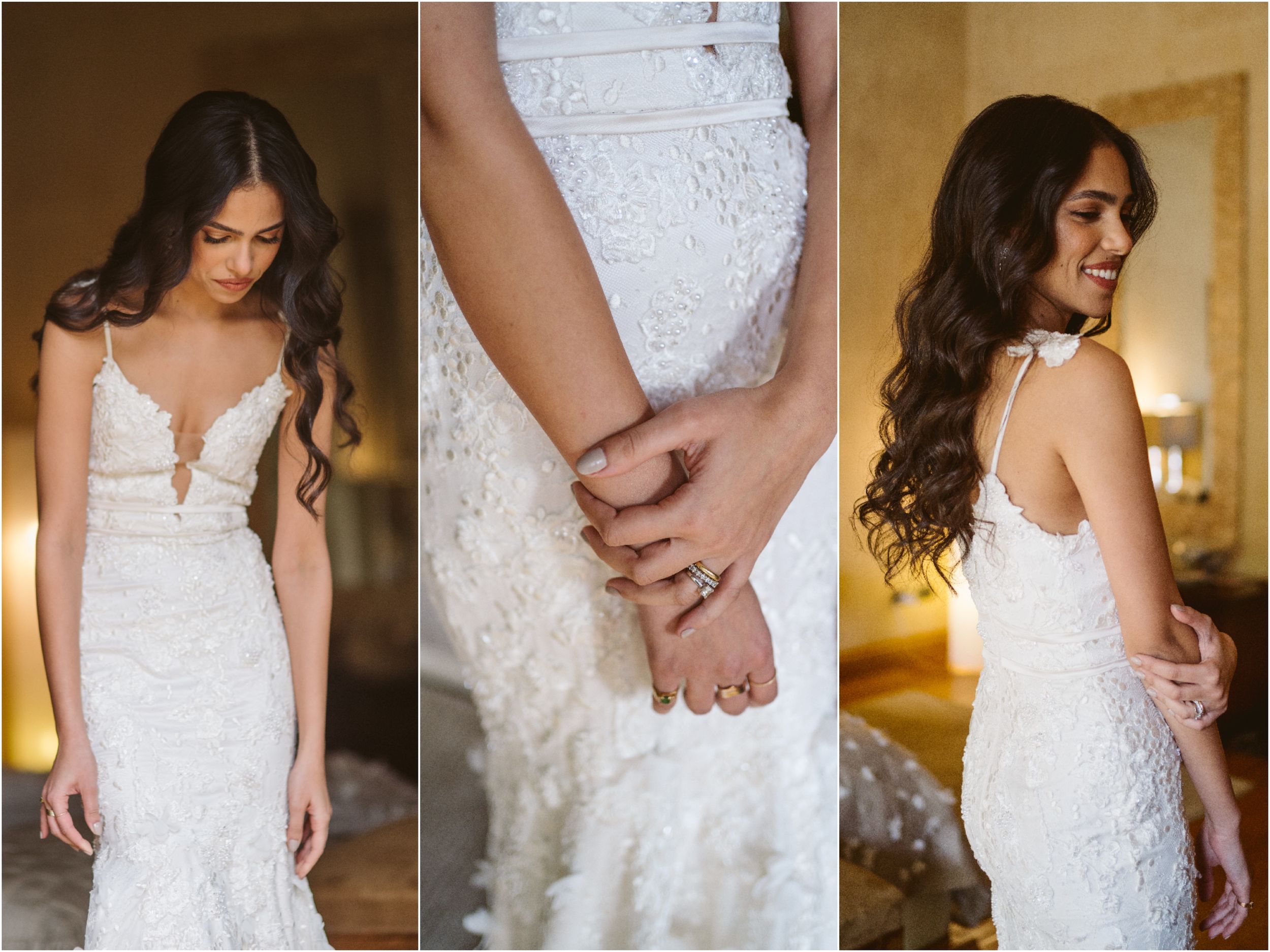 Triptych of bride details showing lace dress, hands, and profile poses.