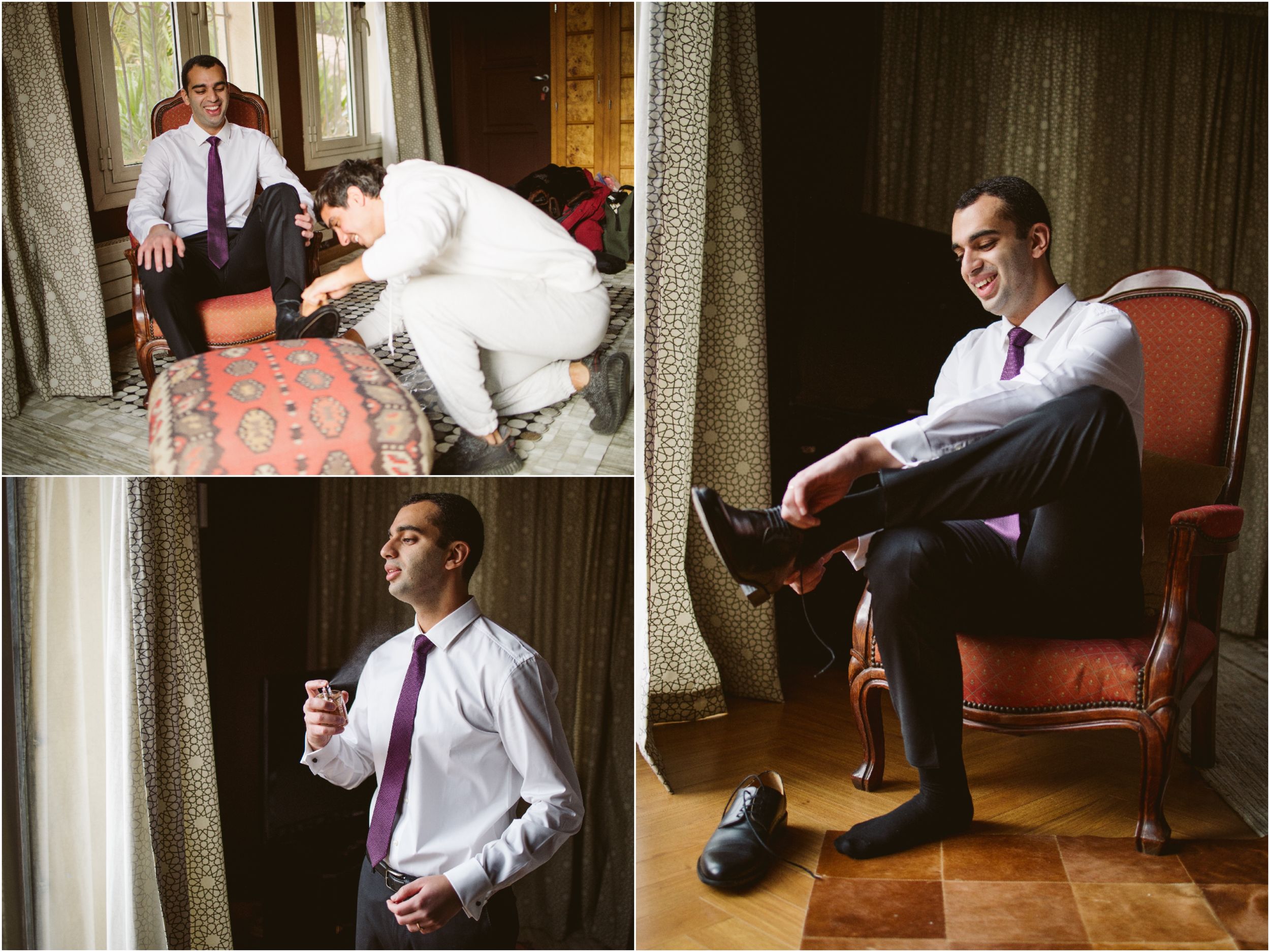 Collage of groom preparation moments showing various angles in formal attire.
