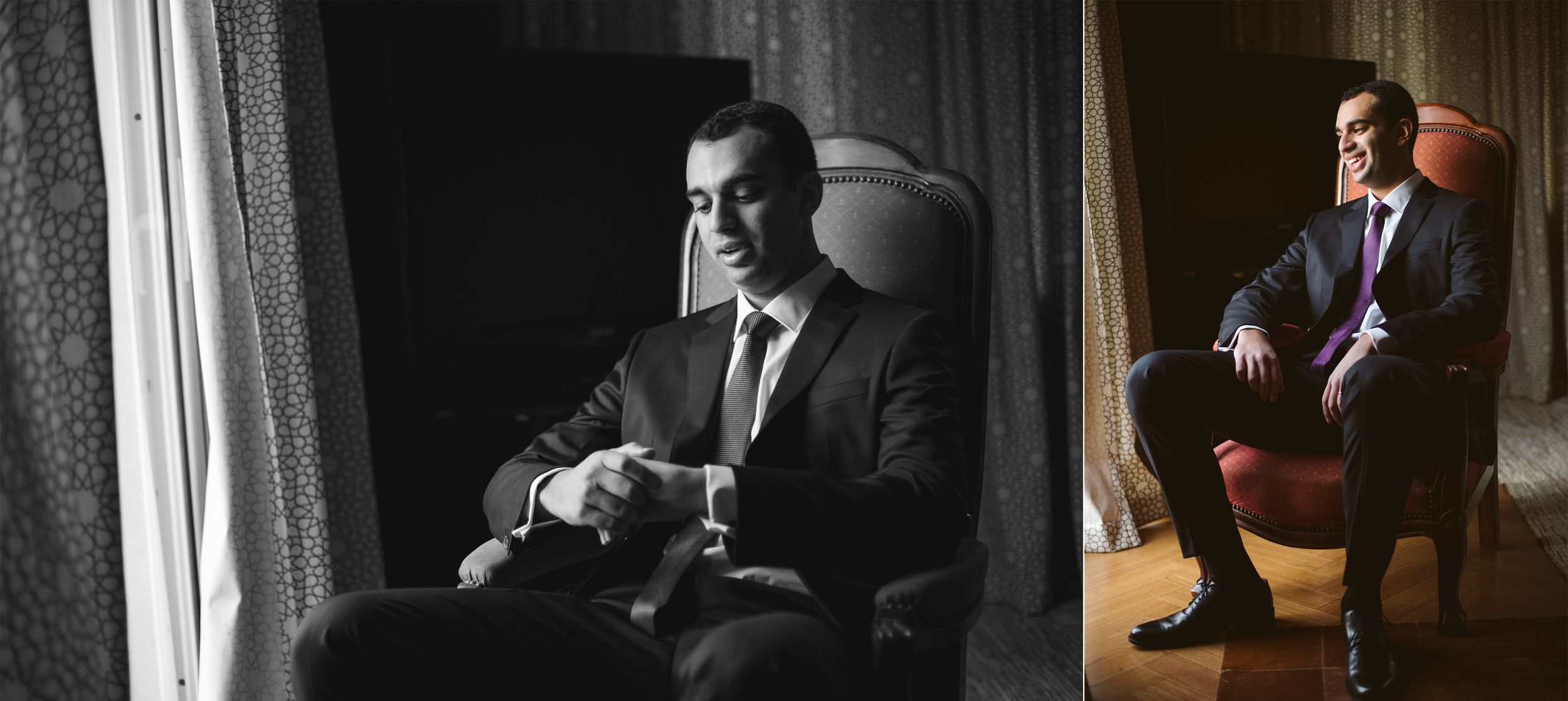 Dramatic portraits of person in suit seated in vintage armchair.