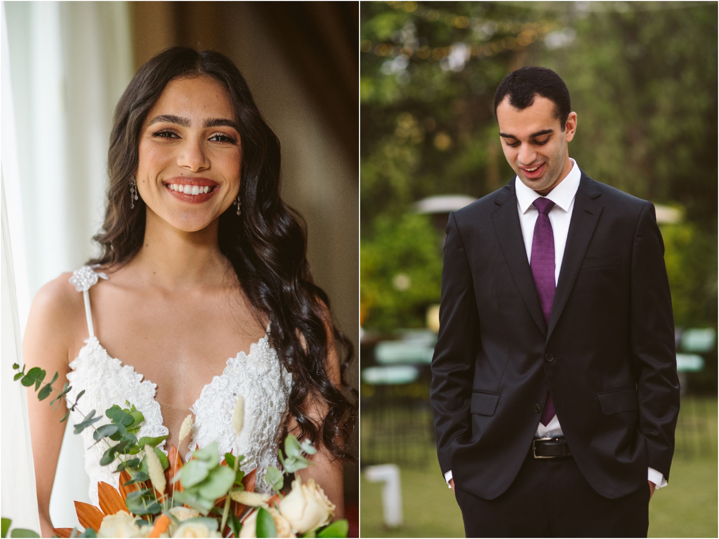 Side-by-side wedding portraits showing bride with bouquet and groom in dark suit.