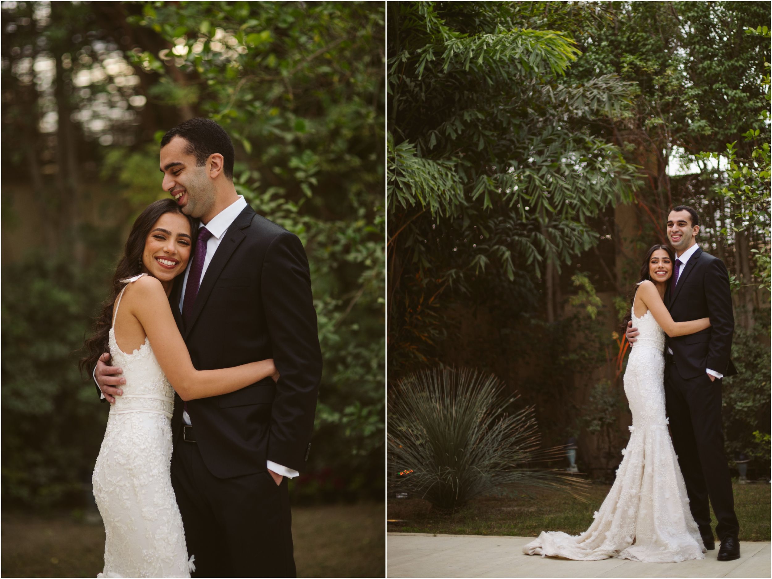 Wedding couple poses for intimate portraits in a garden setting.
