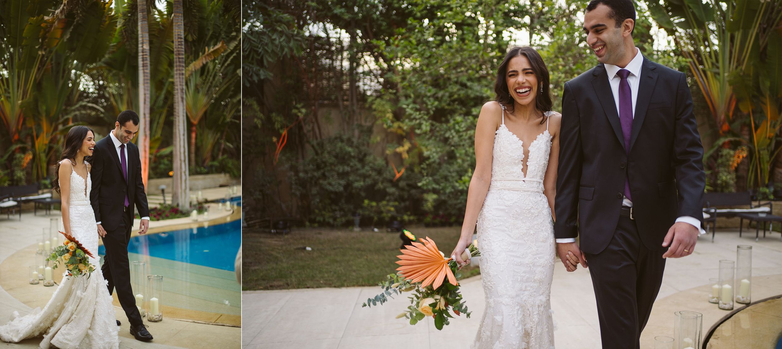 Wedding photography session by a swimming pool surrounded by tropical plants.
