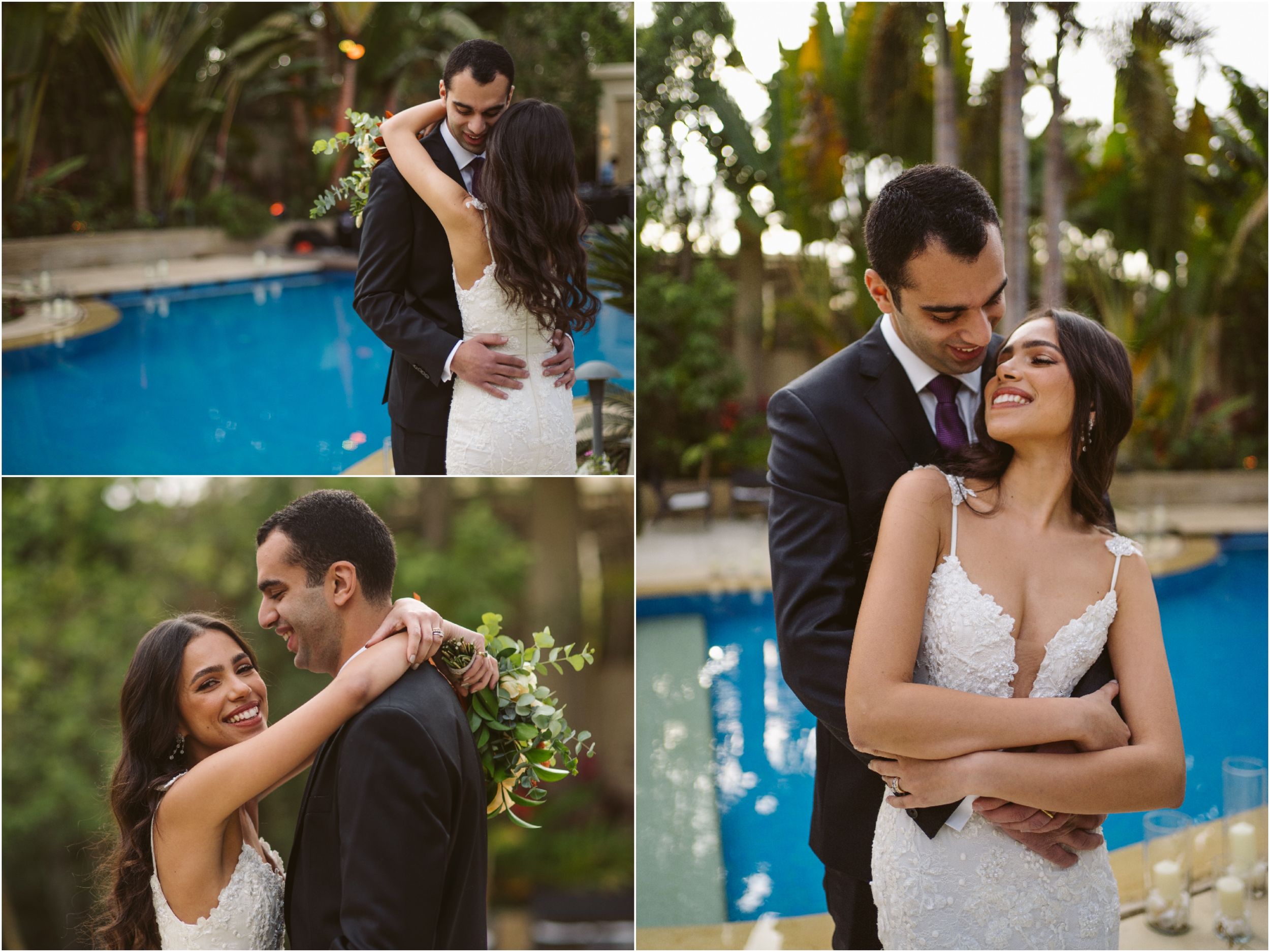 Series of intimate wedding portraits showing tender moments by a pool.