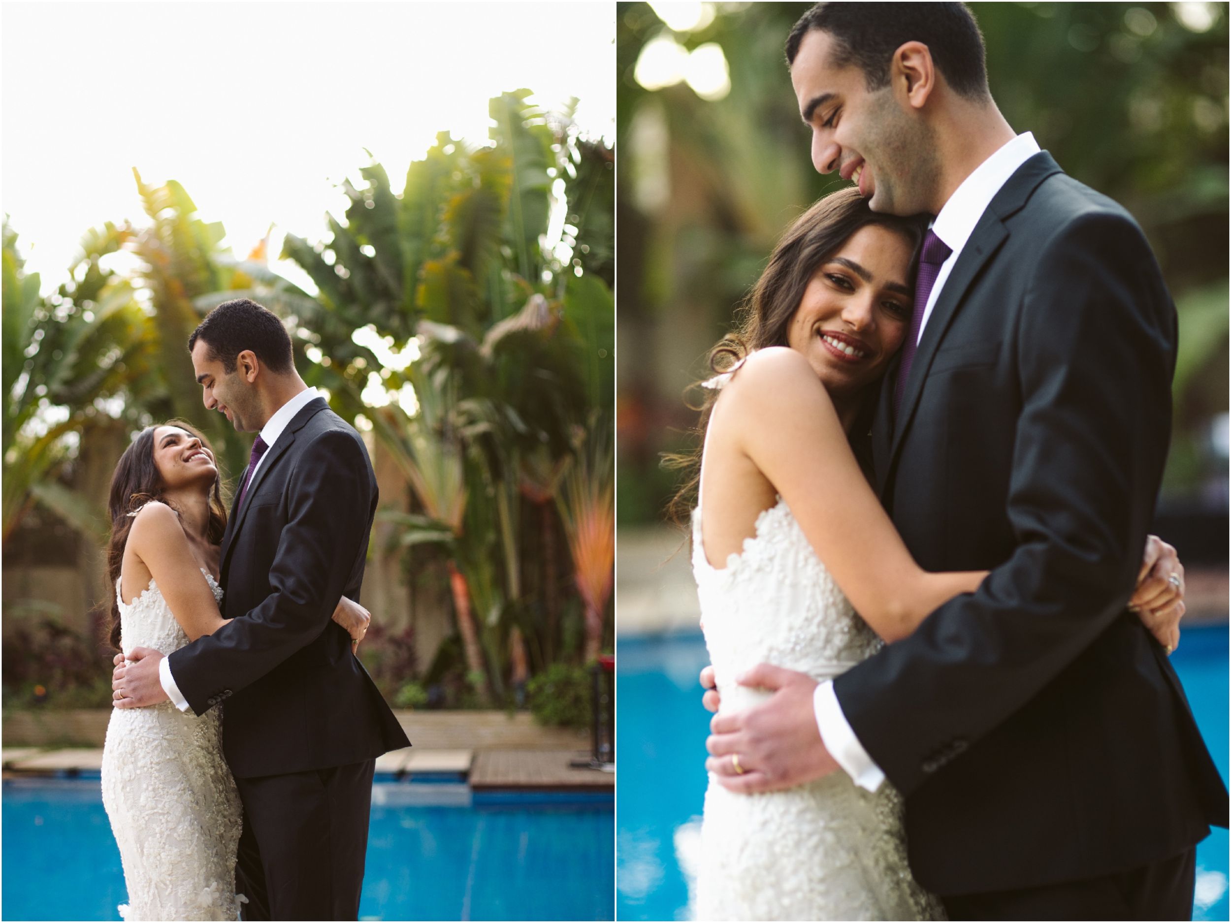 Romantic couple portraits captured near a poolside with lush tropical backdrop.