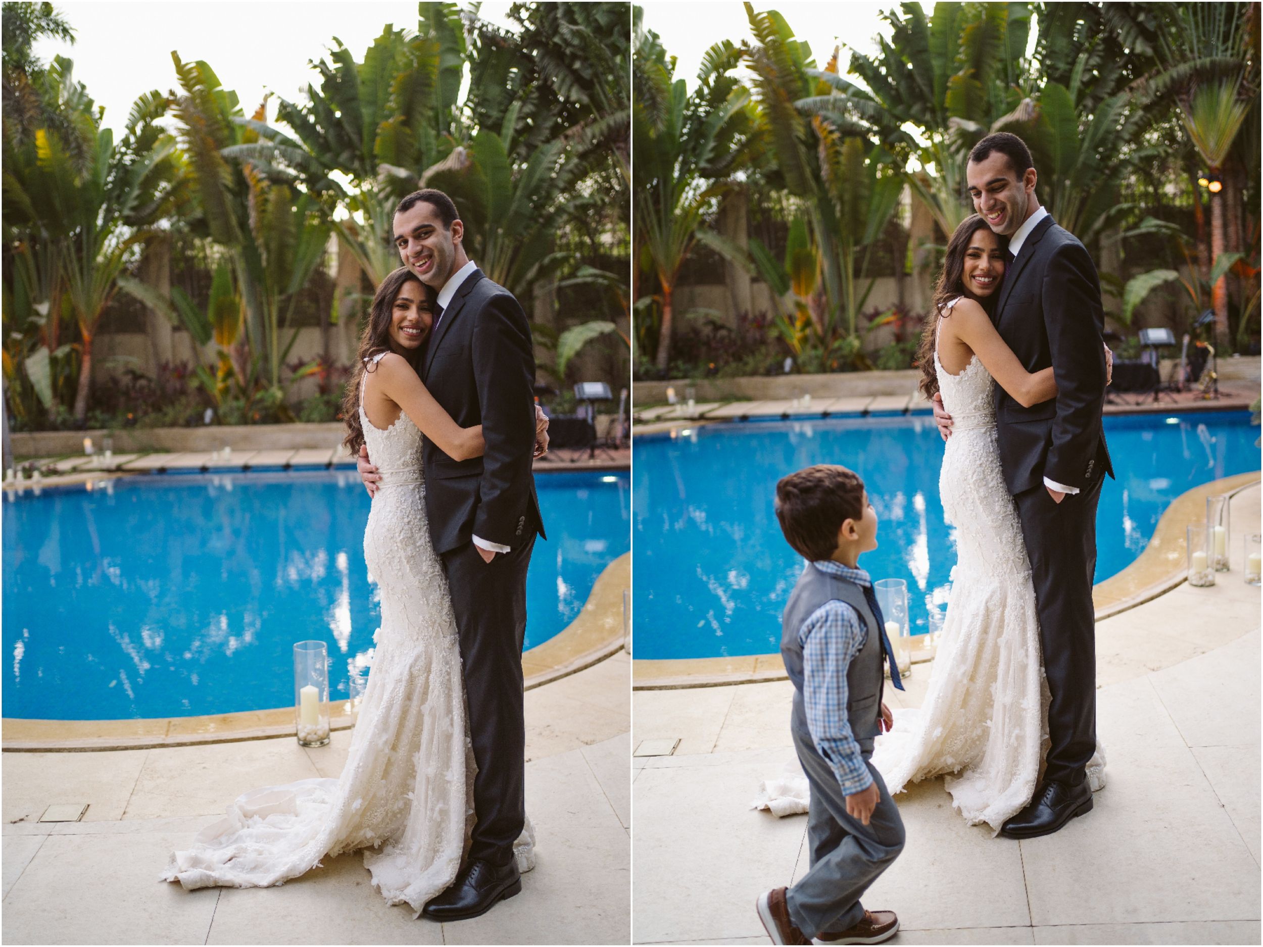 Sweet wedding moments captured poolside with tropical landscaping.