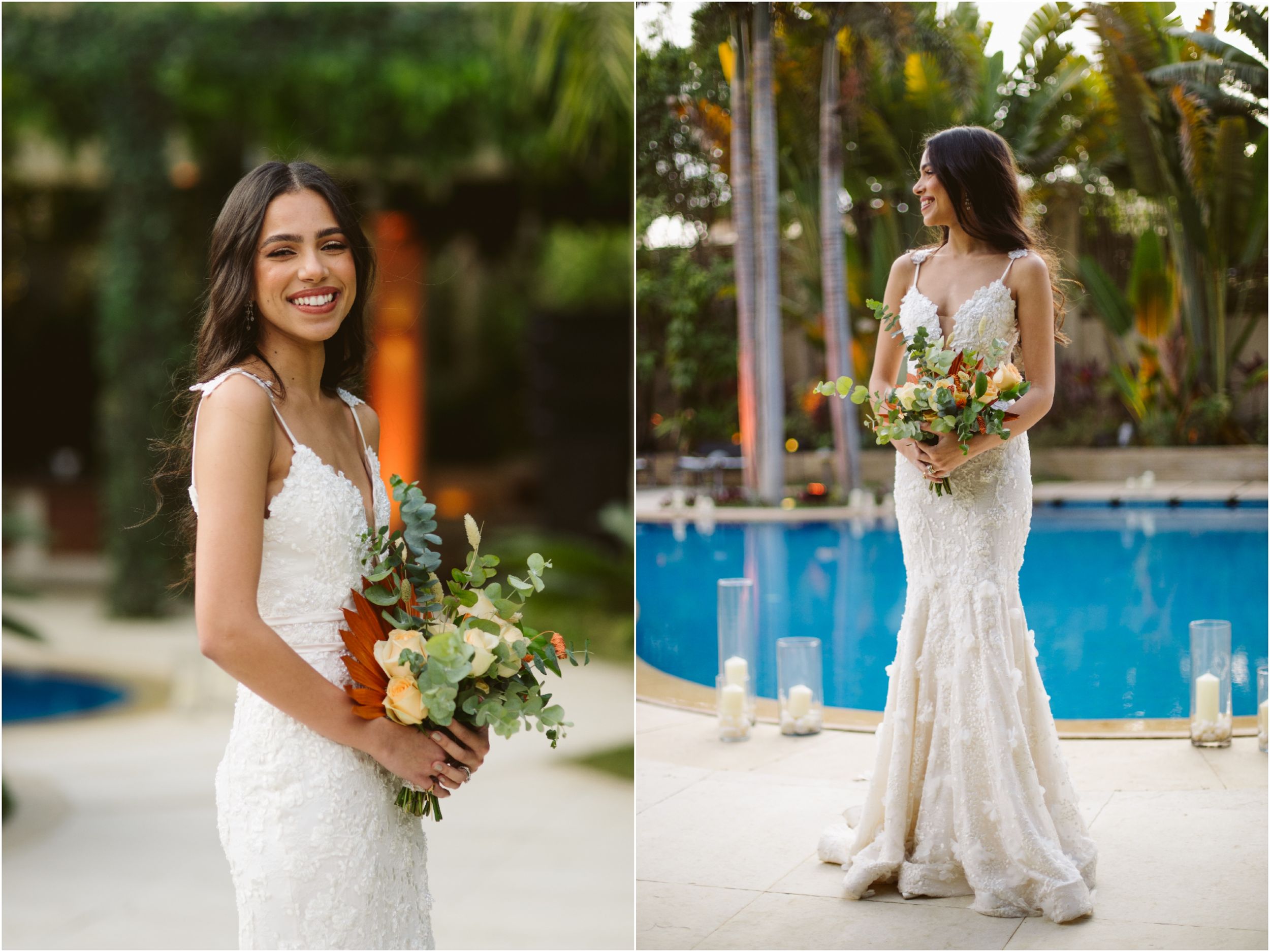 A stunning bride in a lace mermaid gown poses with her bouquet by a poolside in a tropical setting.