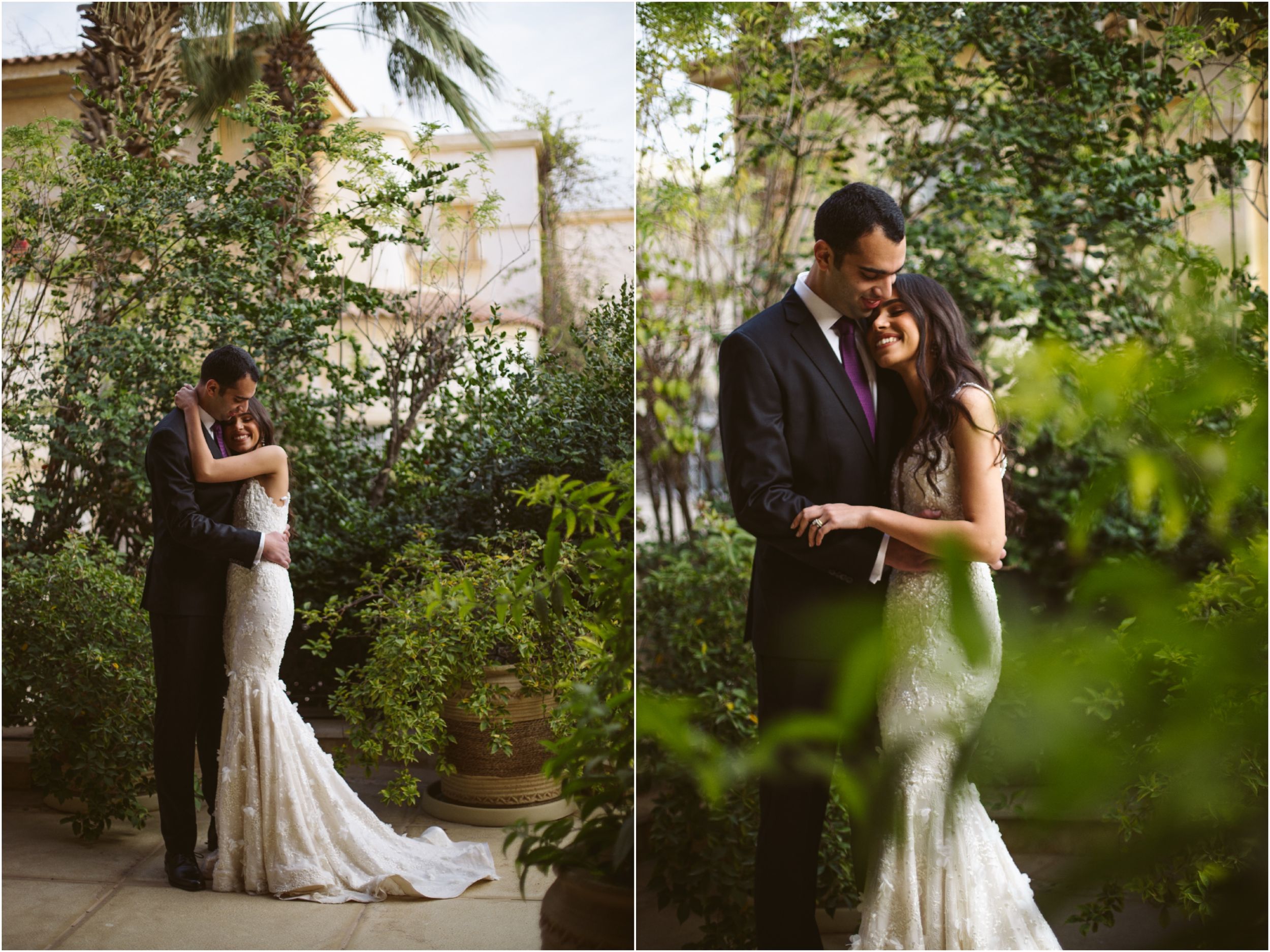 Romantic wedding couple embraces in a lush garden setting with elegant mermaid dress.