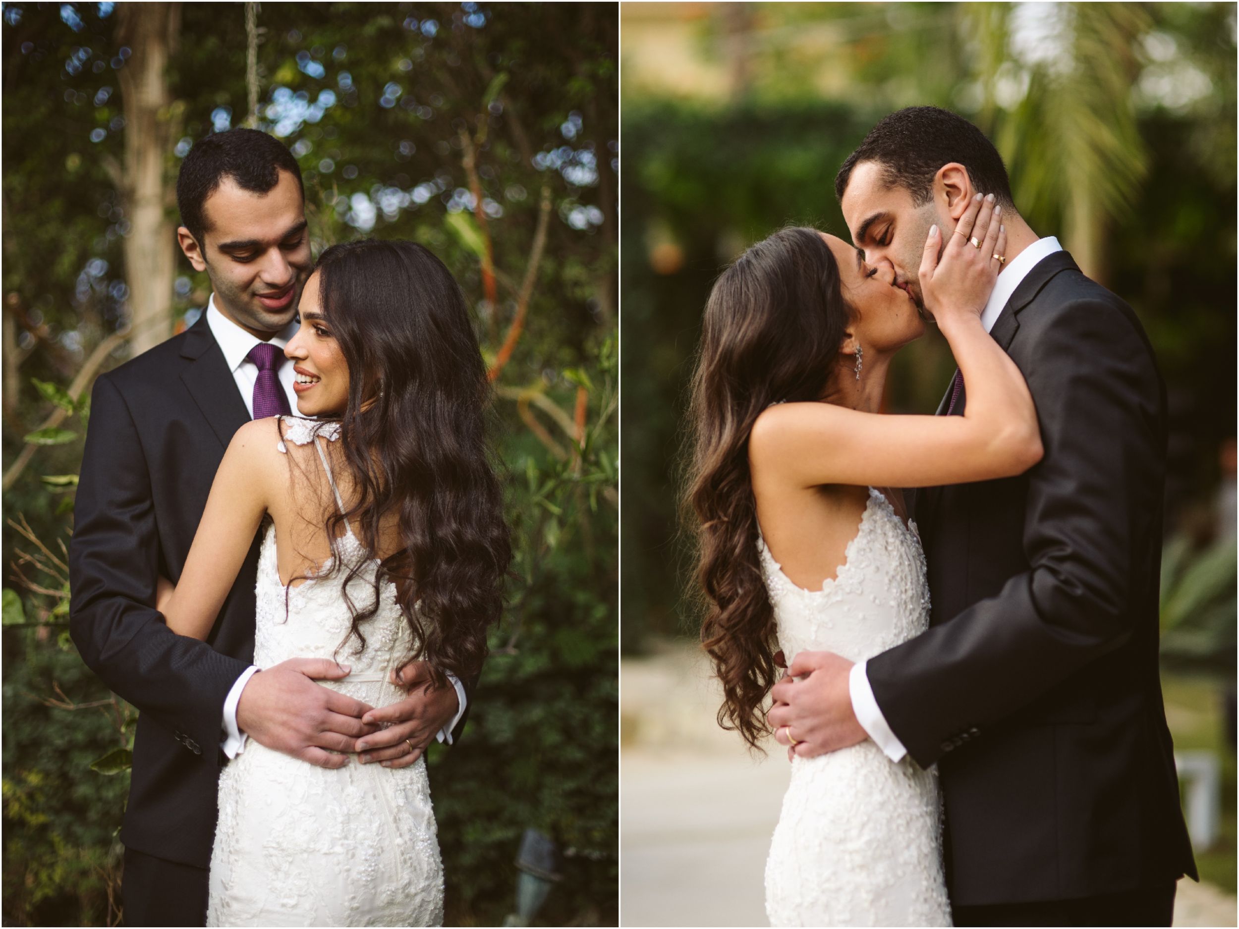 Intimate wedding couple moments captured in a garden setting with elegant attire.