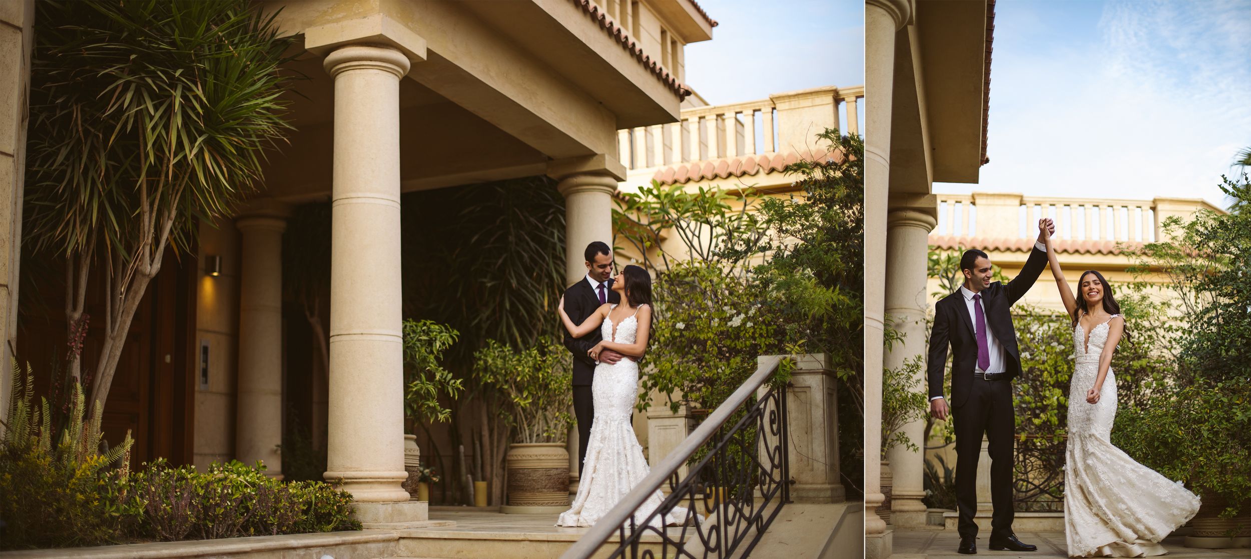 Wedding couple poses on Mediterranean-style staircase while guests celebrate in background.
