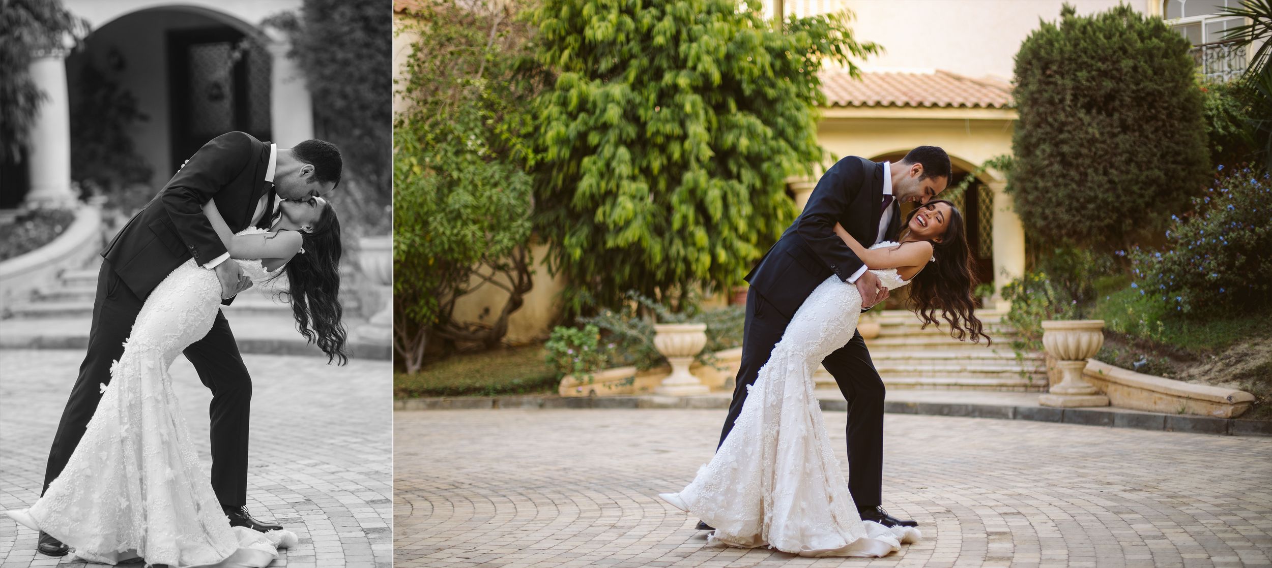 Classic wedding dip pose captured in both color and black and white at Mediterranean venue.
