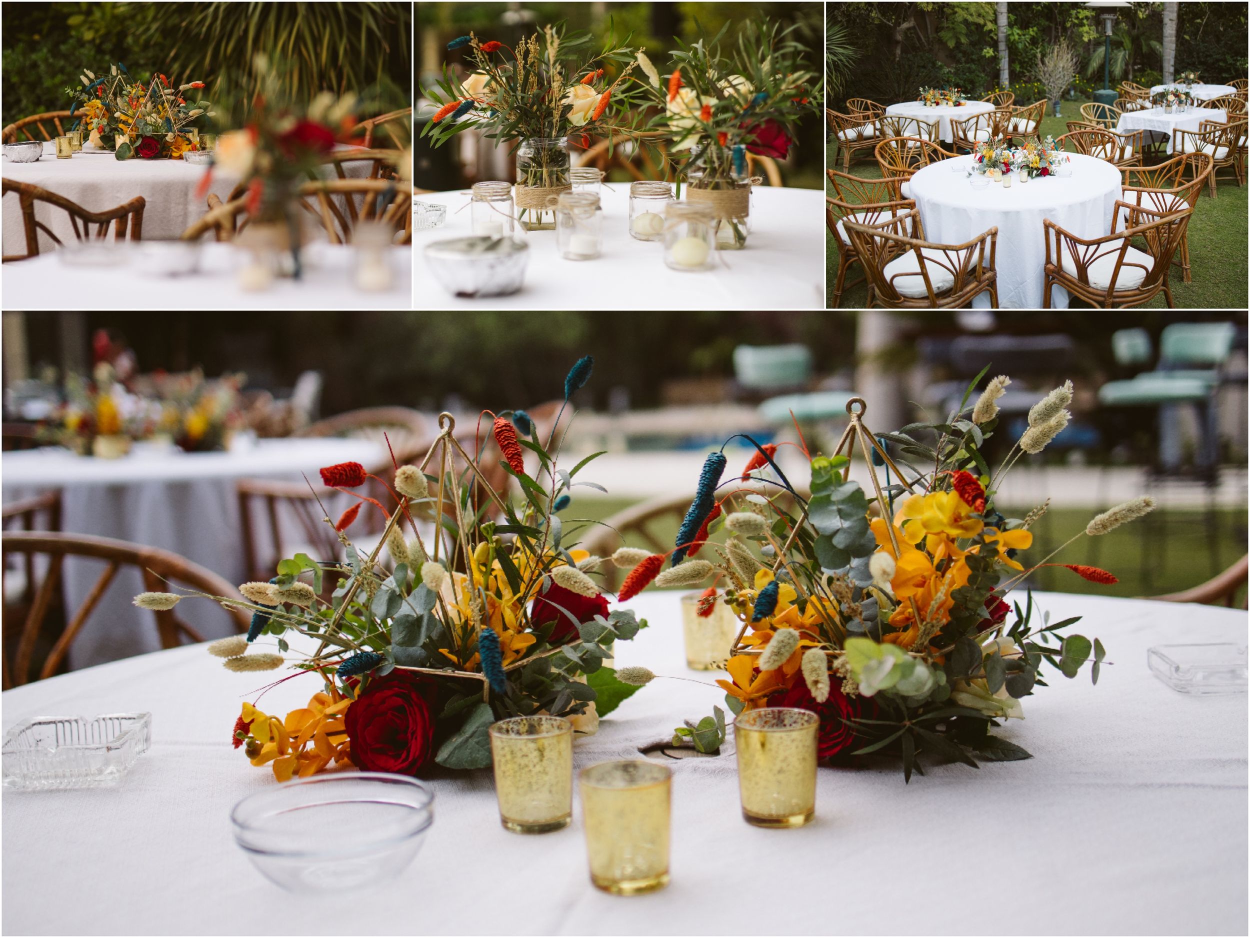 Wedding reception tables decorated with rustic floral centerpieces and glassware.