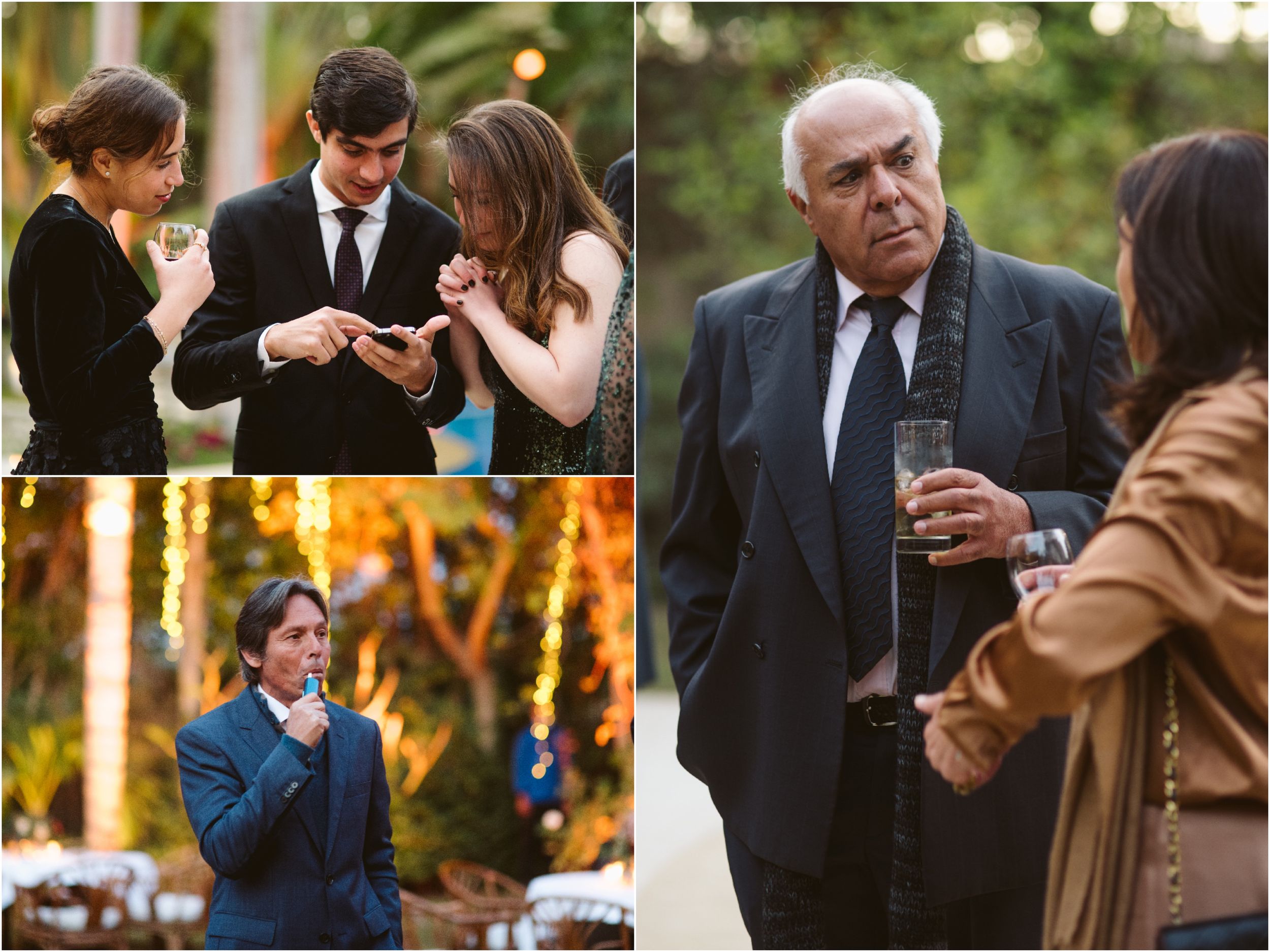 Collection of candid moments from a wedding celebration showing guests interacting outdoors.