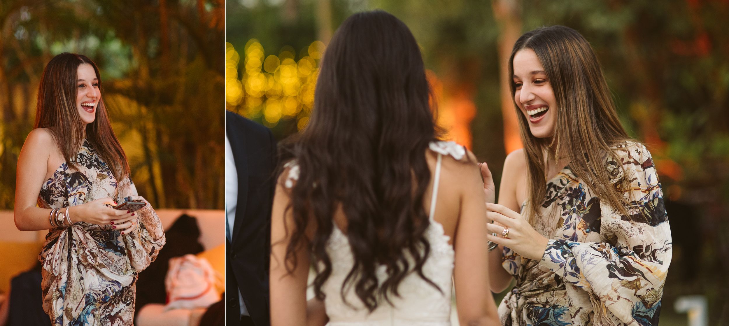 Two women sharing joyful moments at an outdoor garden party with golden sunset lighting.