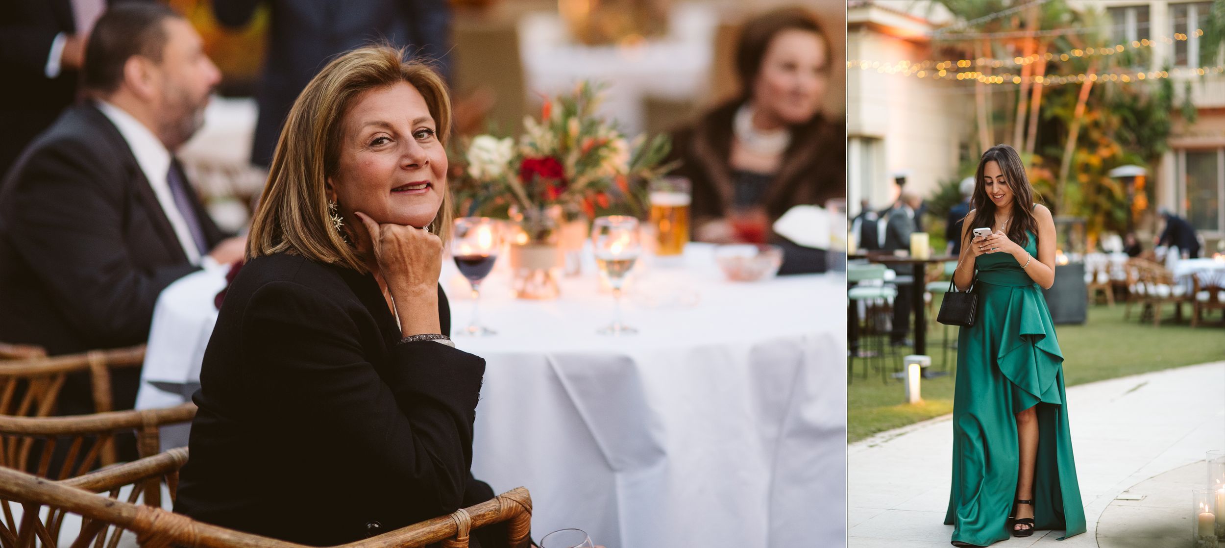 Elegant outdoor wedding reception with guests seated at tables and garden party atmosphere.