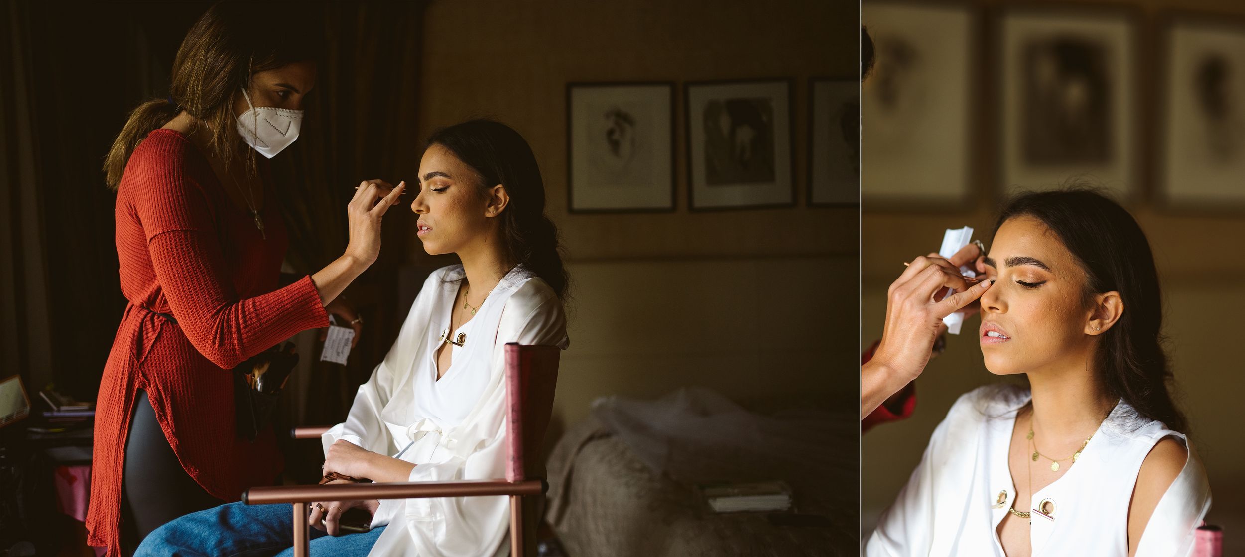 Makeup artist applying cosmetics to a client in preparation for a special event.