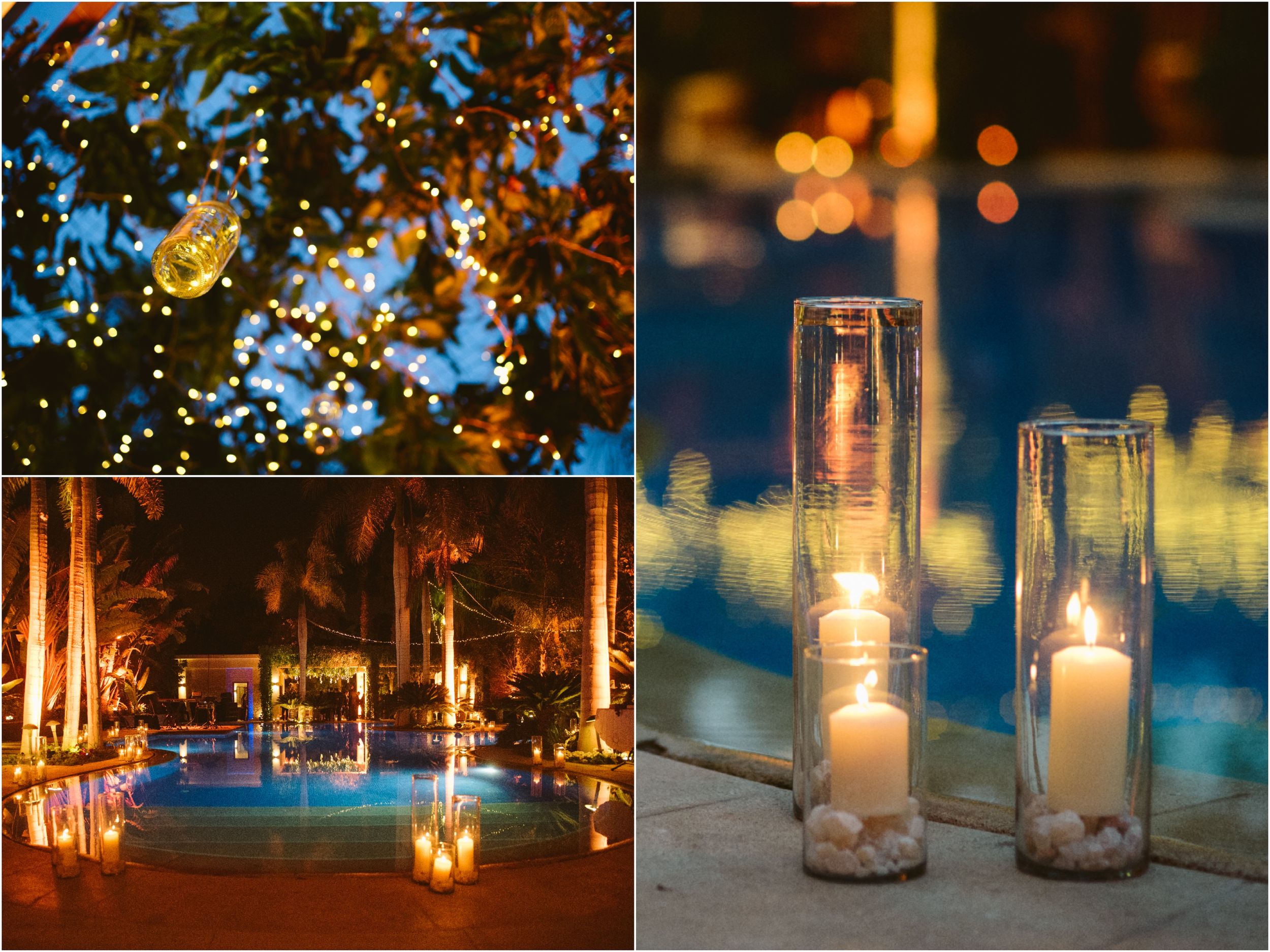 Evening poolside decor featuring string lights and glass hurricane candle holders creating ambiance.