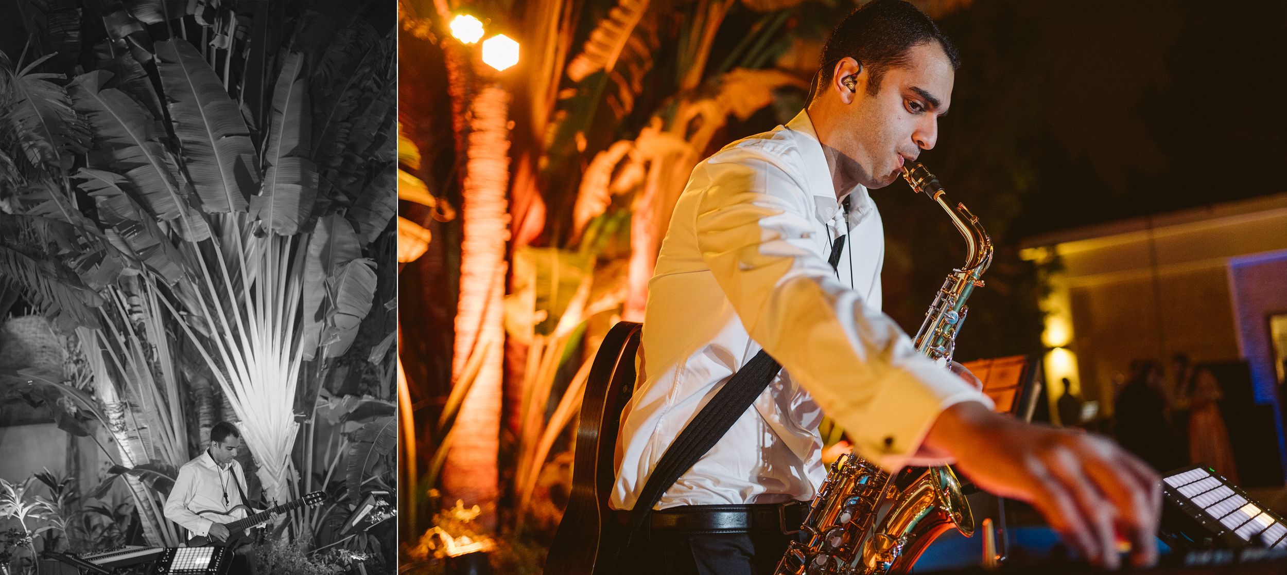 Saxophone player performs at a dimly lit venue with warm glowing lights in the background.