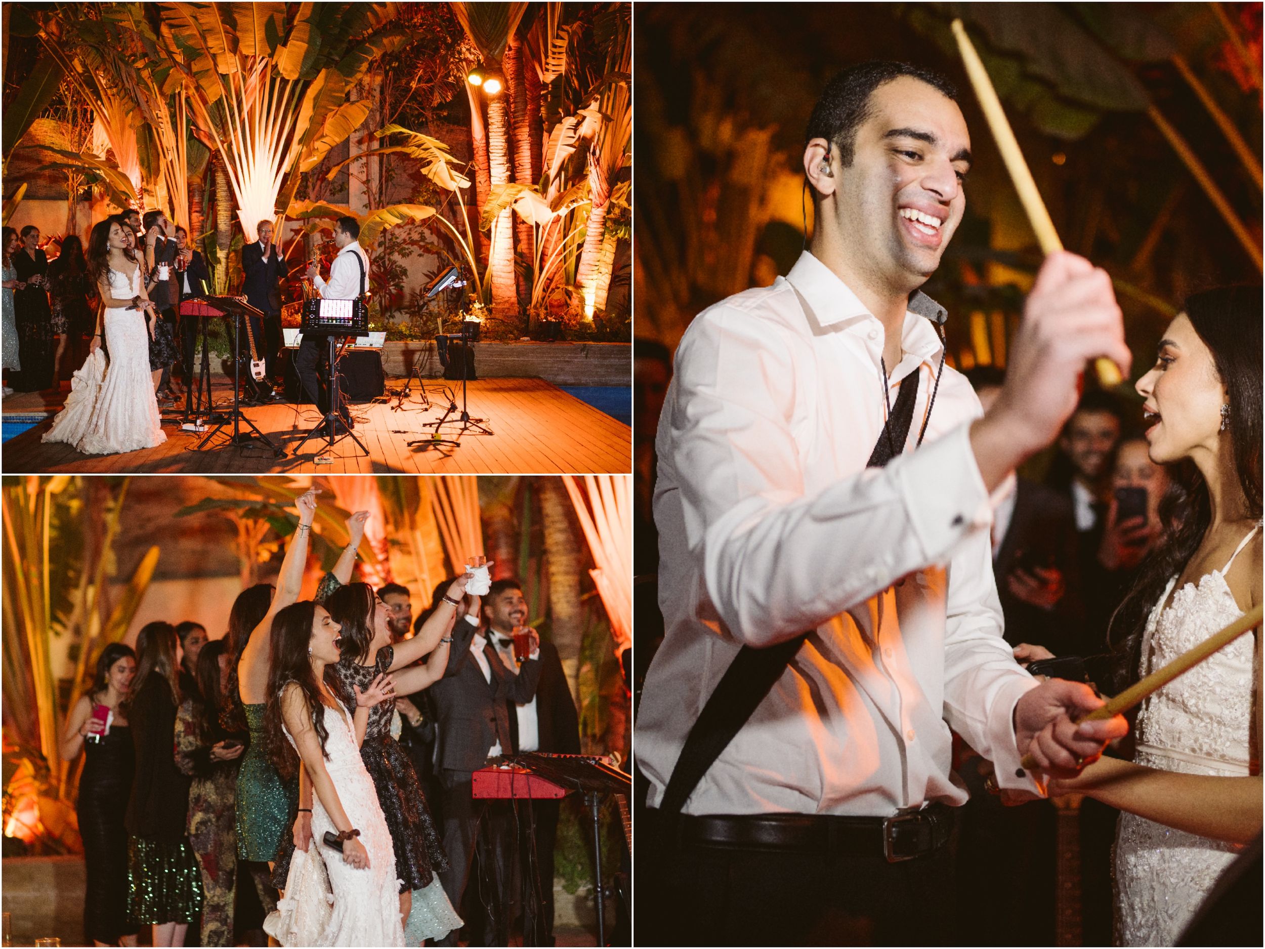Wedding celebration with live musicians performing under illuminated palm trees at night.