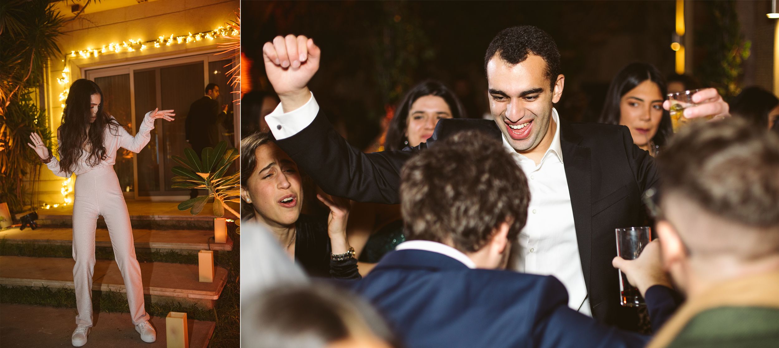 Party guests dancing and celebrating with high energy at a nighttime event.