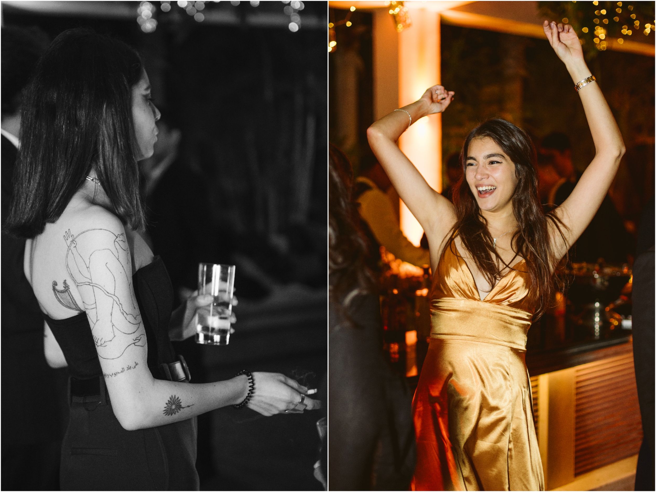 Split image showing party guests celebrating in black and white and color under festive lights.