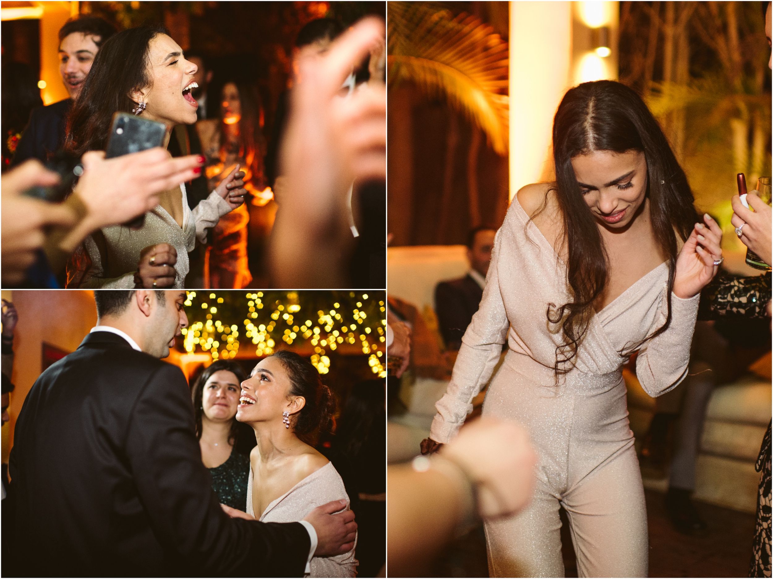 Candid party moments of guests dancing and celebrating at a festive evening event.