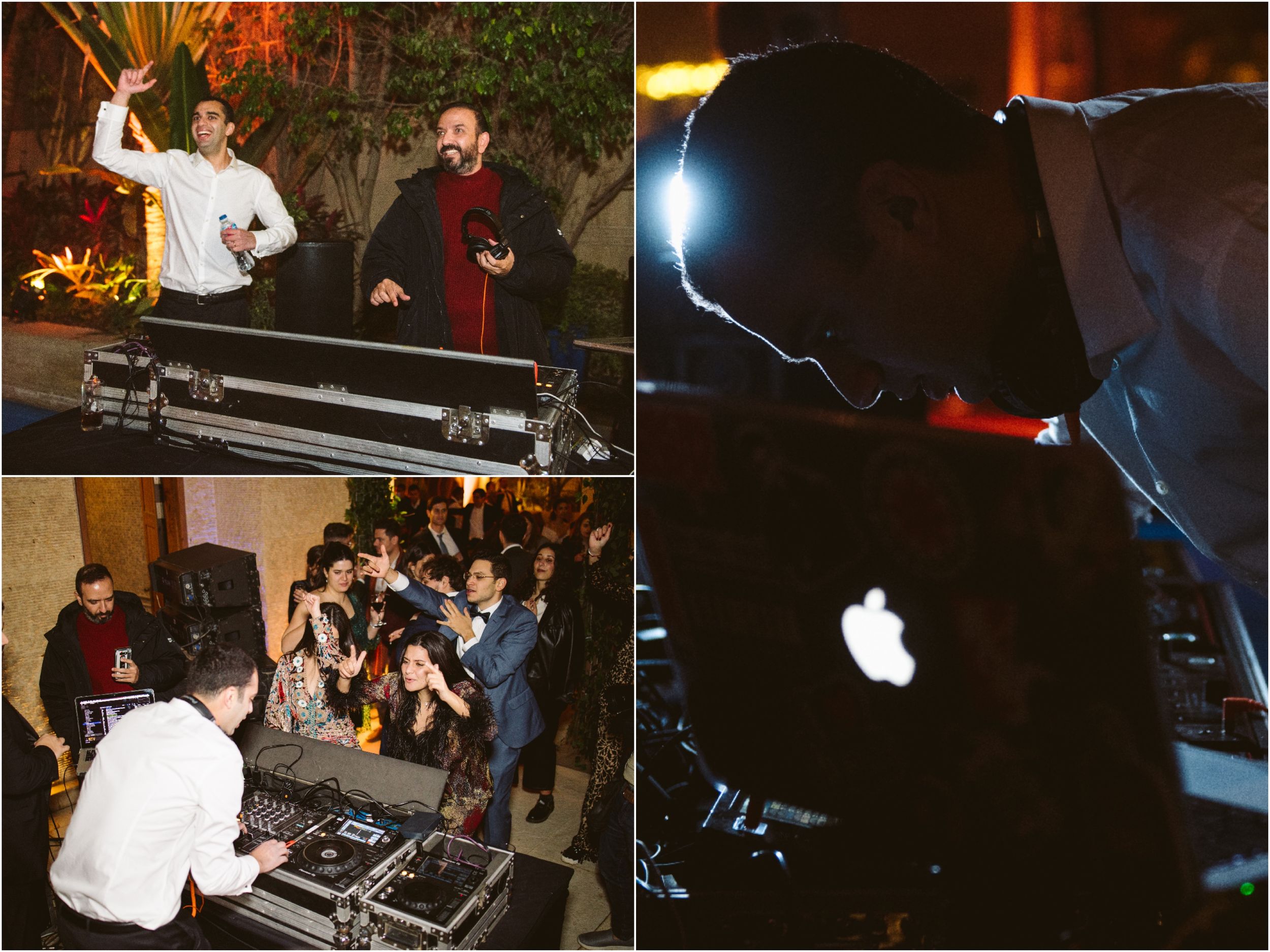 DJs performing at mixing boards during a lively nighttime party.