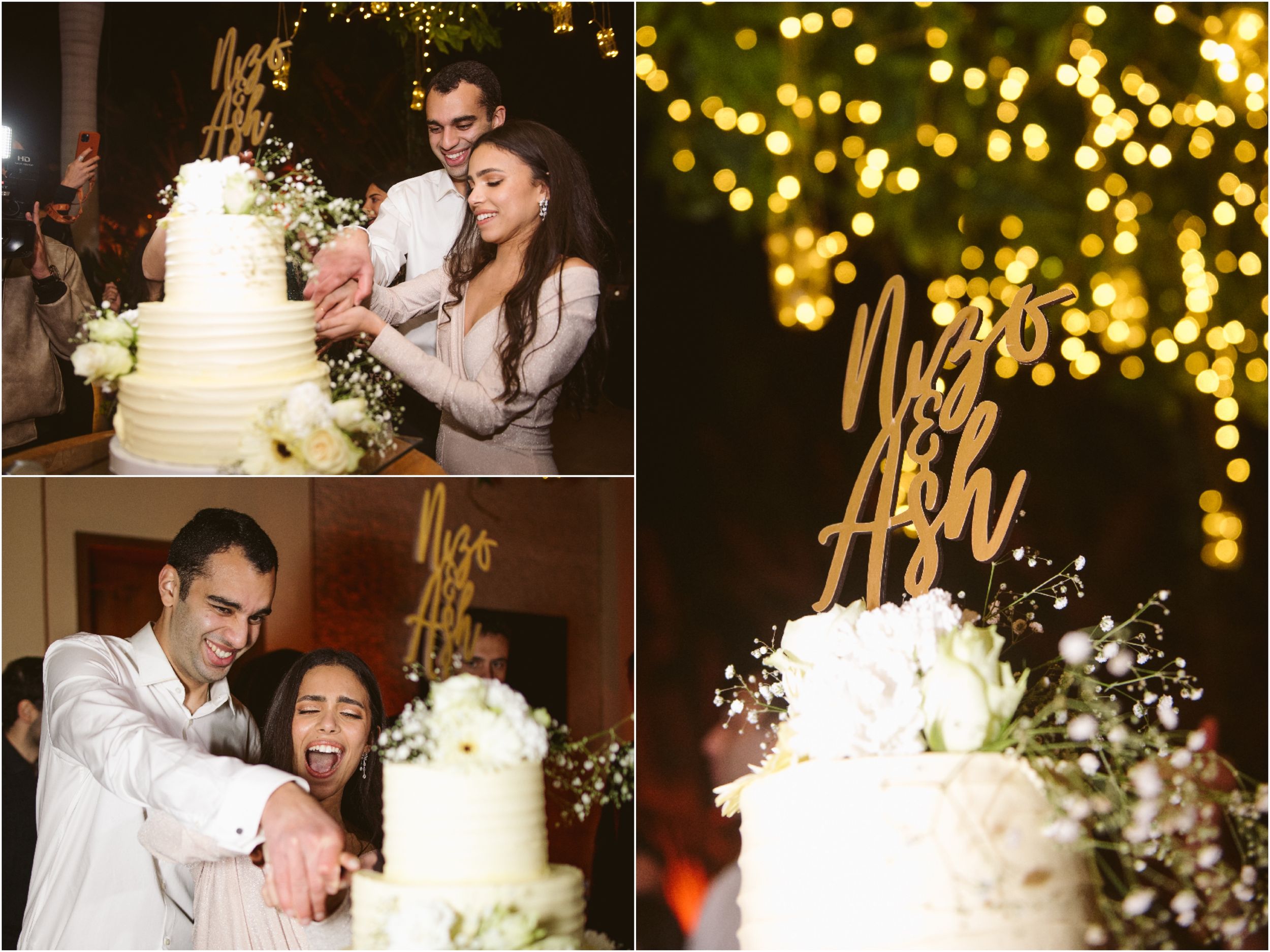 Wedding cake cutting collage featuring a tiered white cake with gold topper and twinkle lights.