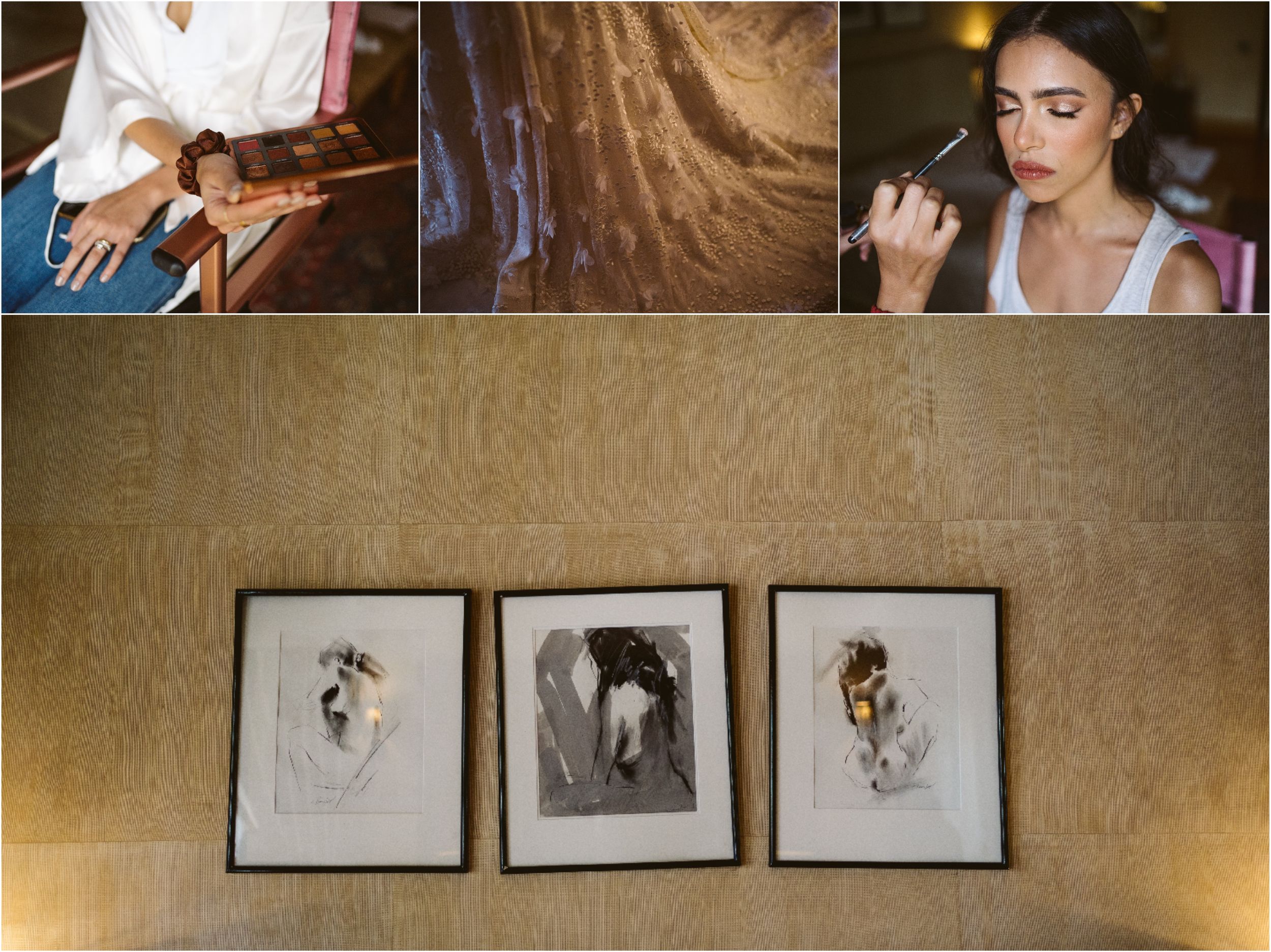 Wedding preparation collage featuring detail shots and framed artwork.