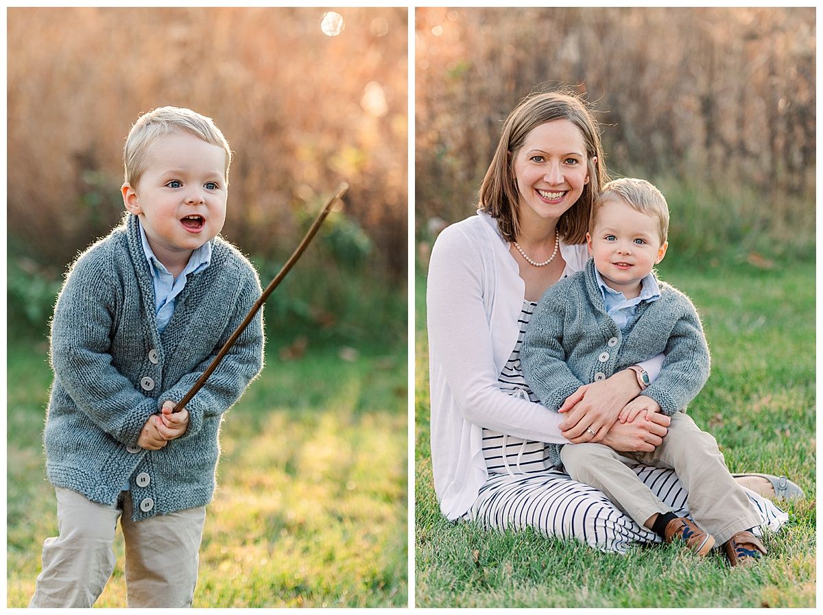 Posed sitting portrait of mother and son and toddler boy playing in Starkey Park Zionsville during family portraits