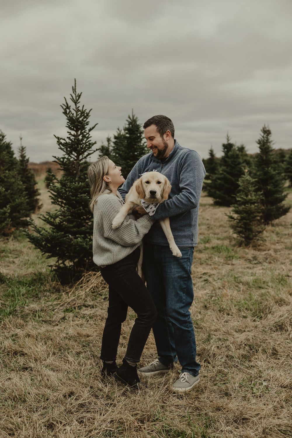 A couple laughs while holding their Yellow Lab puppy in a Christmas tree field.