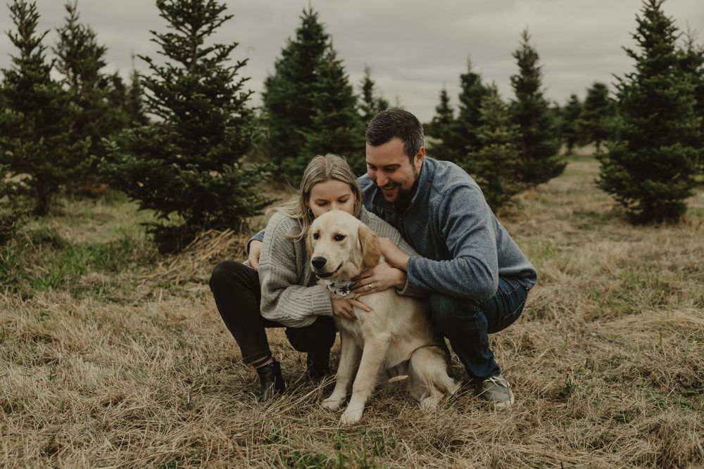 A person hugs their golden retriever while posing outdoors among evergreen trees in muted lighting.